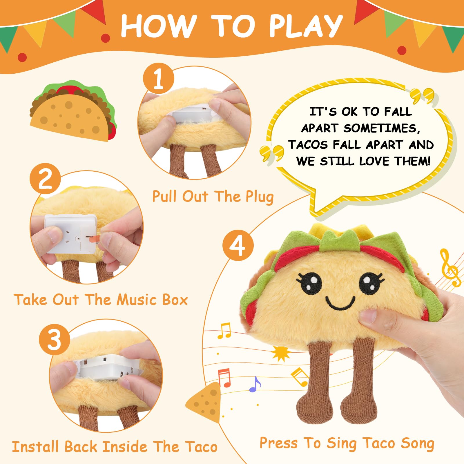 Taco Stuffed Toy with Sound, Stuffed Food Plush for Emotional Daily Support, Fun Gag Gift Positivity Idea for Birthday Coworker Office Christmas