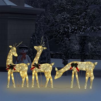 Tidyard Christmas Reindeer Family Set of 3, Large Gold Fabric Mesh LED Lighted Decor for Indoor Outdoor Holiday Decoration