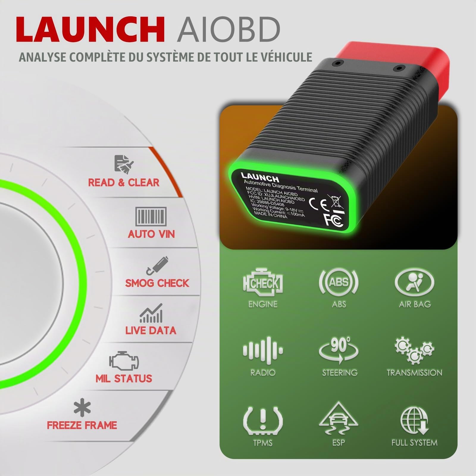 Launch AIOBD Scanner OBD2 Bluetooth Piloté par IA - Outil de Diagnostic Assisté par IA Tous Systèmes - Lecteur de Codes Défaut OBD-II Compatible iOS/iPhone et Android