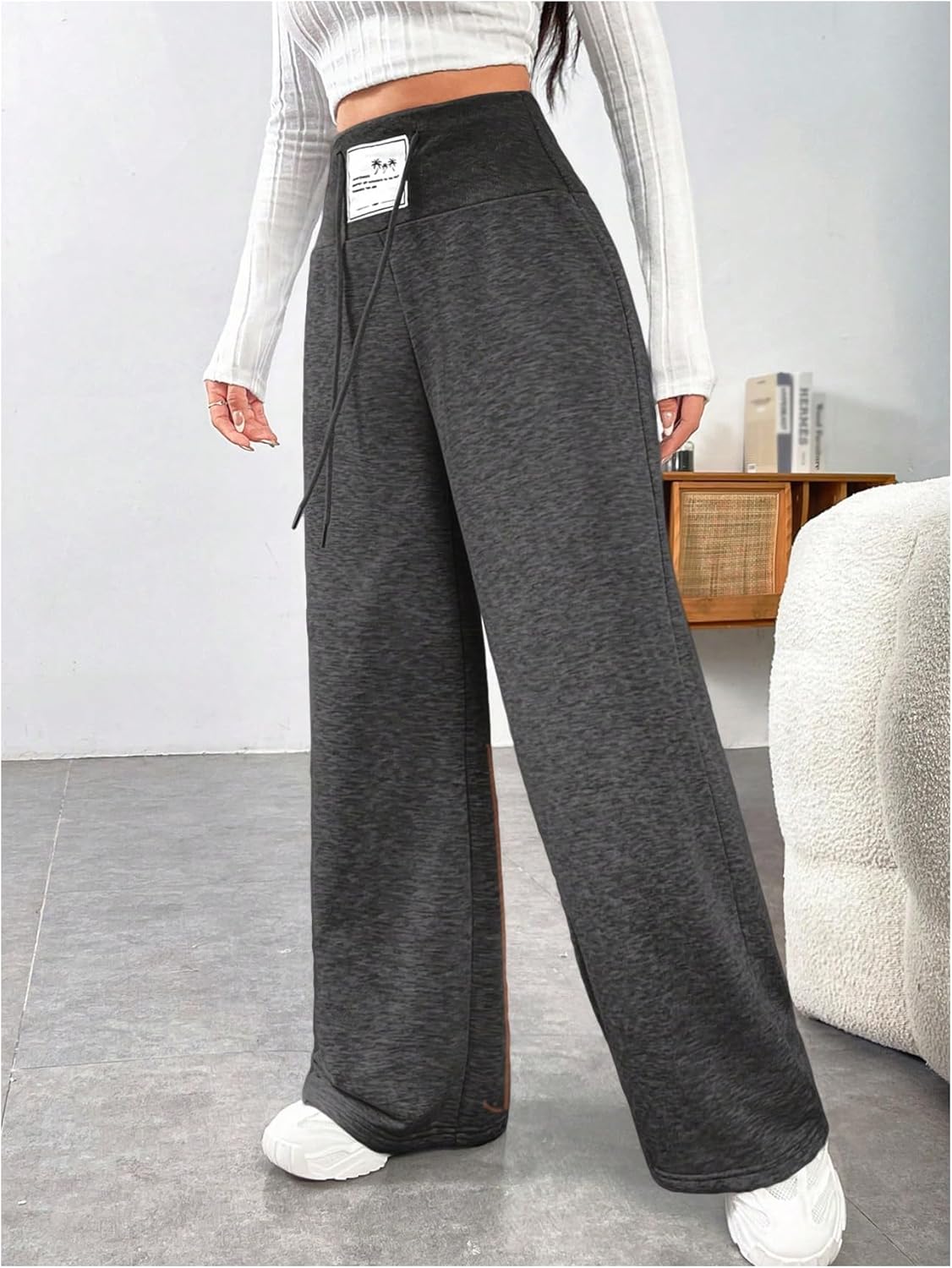 Floerns Women's Wide Leg Pants High Rise Elastic Waist Drawstring Casual Loose Trousers - Image 4