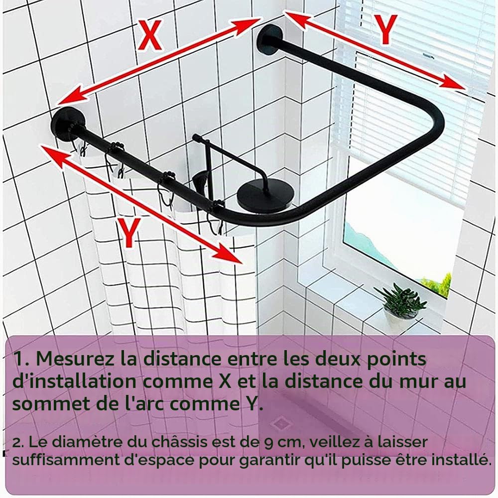 Tringle Angle pour Rideau De Douche Extensible Réglable en Forme De U - Barre Arrondie en Acier Inoxydable Courbée Ajustable sans Perçage, Noir, 80×80×80cm