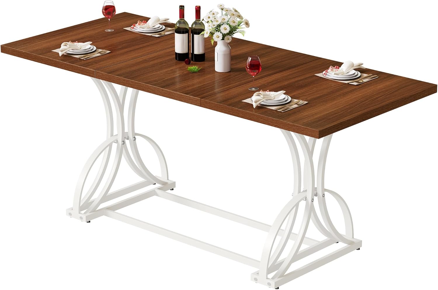 DWVO 70.3" Large Modern Dining Table for 6-8 People, Rectangular Walnut Kitchen Dining Room Table with Thick Tabletop and White Geometric Metal Legs, Farmhouse Wood Dinner Tables