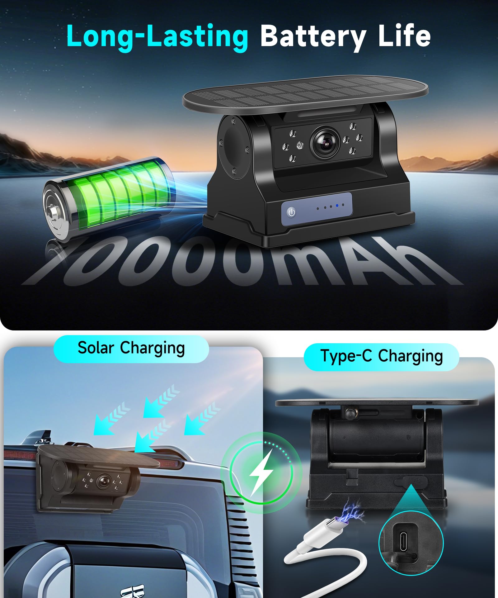 VECHTEL Cámara Trasera Coche Inalámbrica Solar 10000mAh IP68 Visión Nocturna Gran Angular