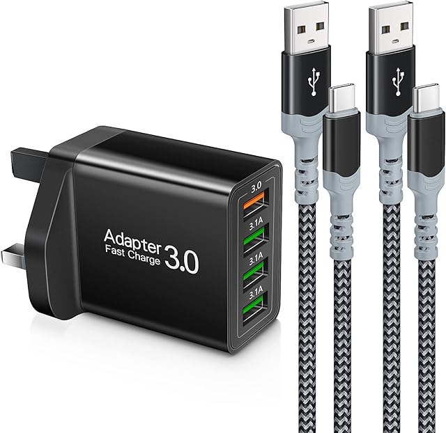 USB Plug Charger with USB Type C Cable,4-Port USB Fast Charger Plug with 33W Fast Charge 3.0 Wall Charger,Multi USB Plug Power Adapter UK Fast Charging for Samsung S22 S21 S10 S9 S8 Black