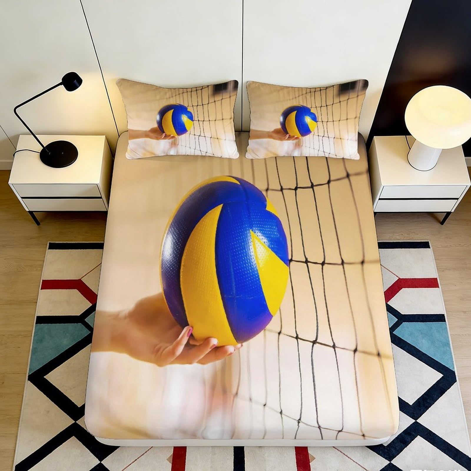 3D Printed Volleyball Net Fitted Sheet Microfiber Anti-Slip Protection for Bedroom Dorm Mattress Cover Decor 180x200x25cm