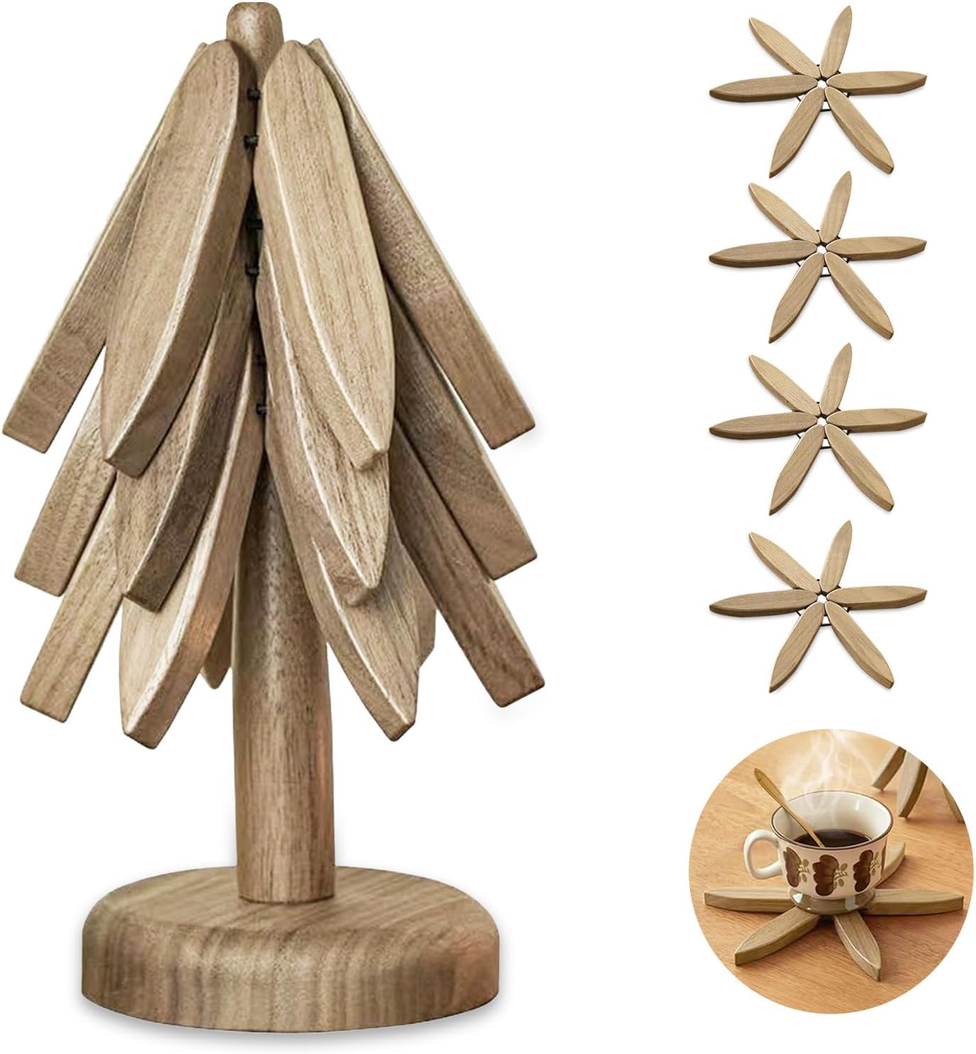Wooden Tree Trivets Set for Kitchen and Dining Room, Like a Christmas Tree, Can Be Used for Kitchen Countertop Decoration - 4 Wooden Trivets + 1 Stand (Dark Walnut Color)