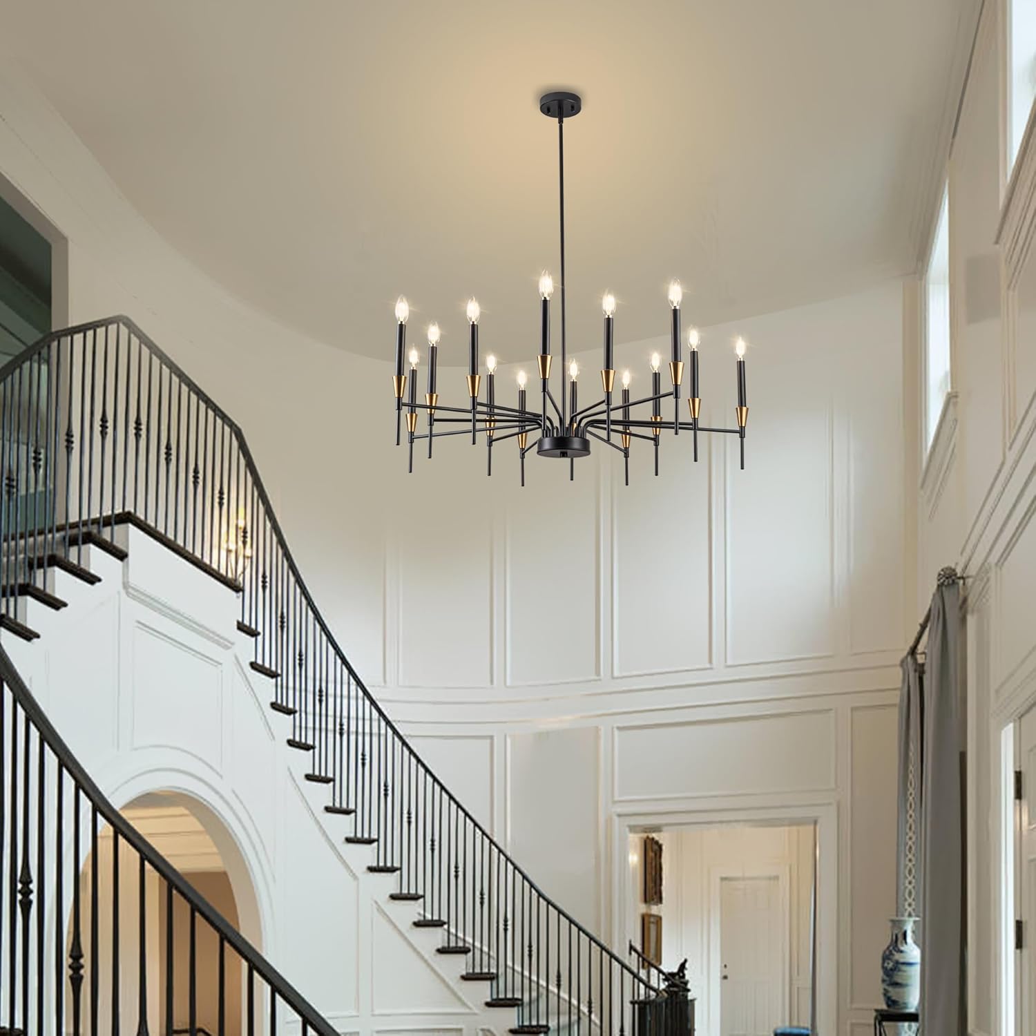 Black and Gold Farmhouse Chandelier 14 Light Large Candle Chandelier for Bedroom 31.5IN Black Chandeliers for Dining Room, Living Room, Foyer, Large Chandeliers for High Ceilings Height Adjustable