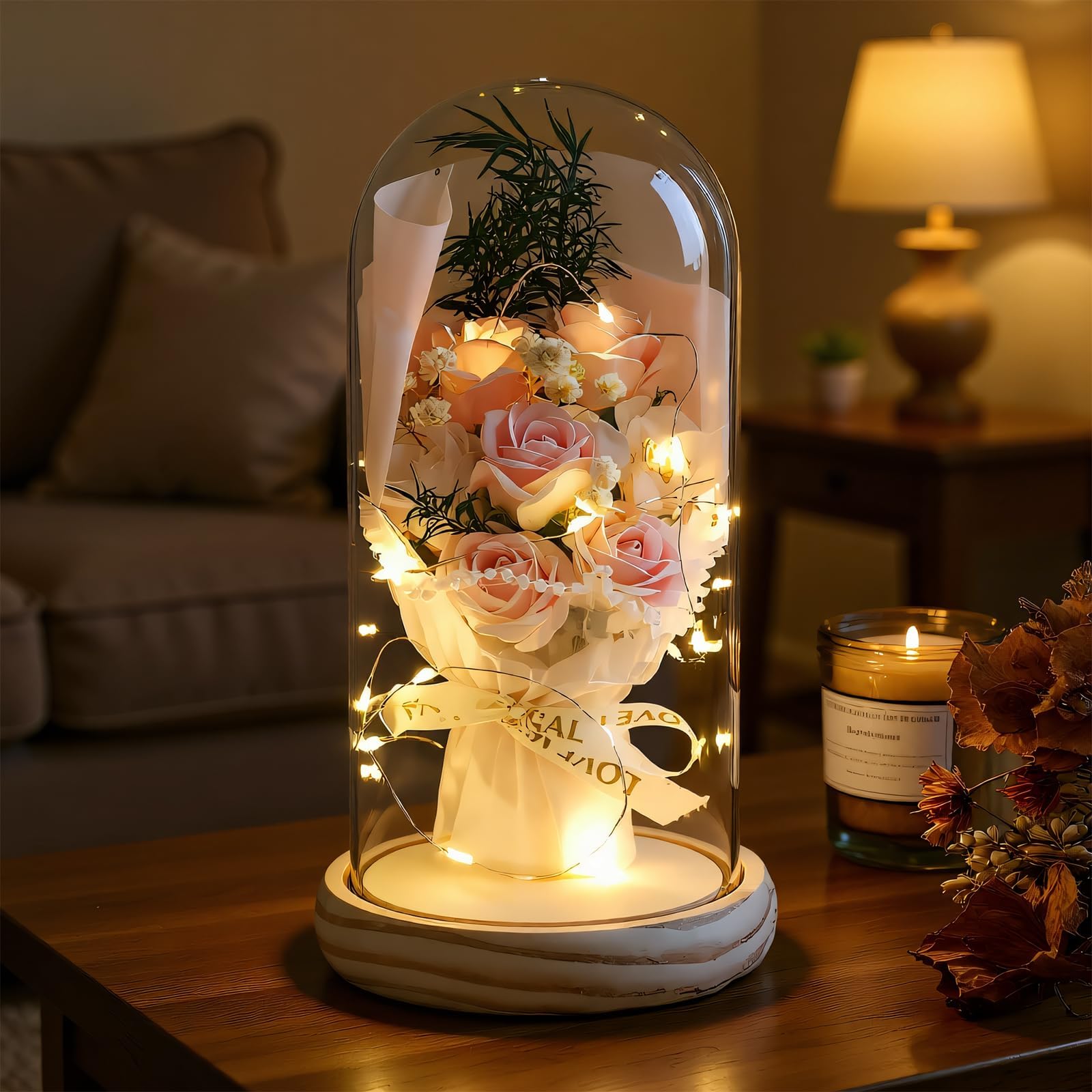 Artificial Eternal Roses in Glass Dome - 7 Silk Flowers with LED Lights, Solid Wood Base | Birthday Gifts for Mum, Grandma, Women | Elegant Anniversary & Home Decor (Upgraded Secure Packaging) — image 1
