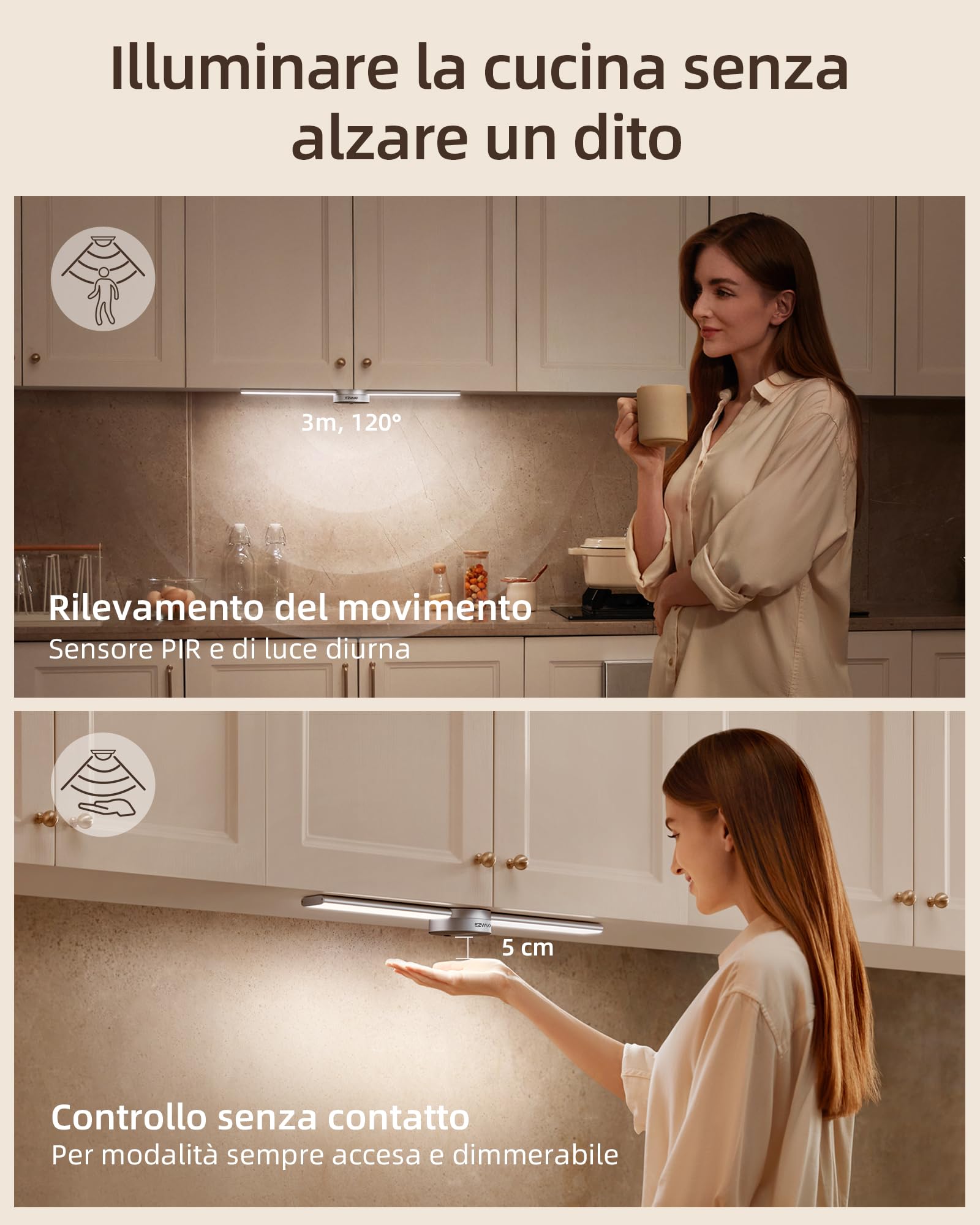 EZVALO Luce Armadio 55cm, Luce Notturna Sensore Movimento, 5000mAh Ricaricabile Luce, Dimmerazione Manuale a Induzione a 3 Modalità, per Camere, Corridoi, Armadi, Cucine
