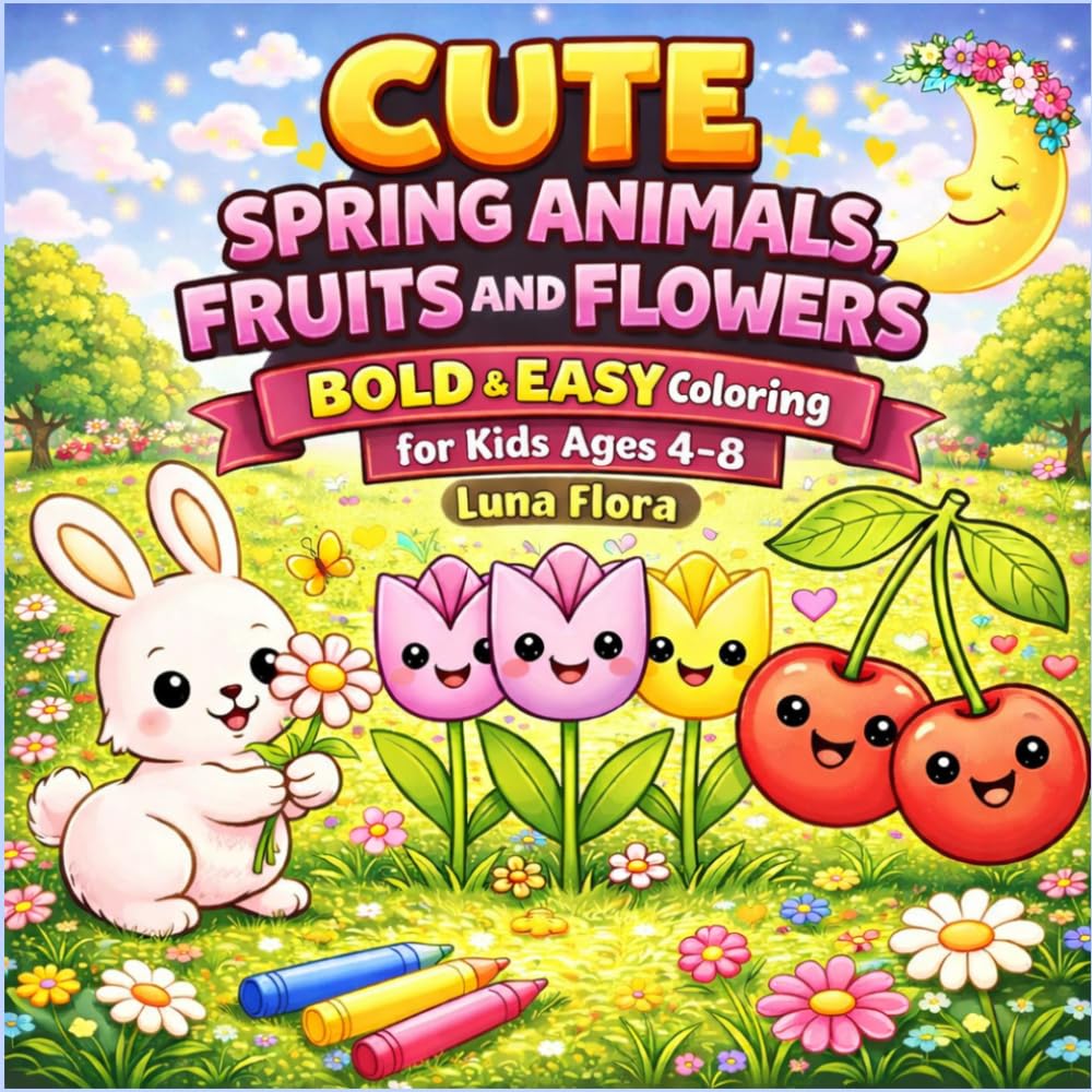 Cute Spring Animals, Fruits and Flowers Coloring Book for Kids Ages 4–8: Bold and Easy Coloring Pages with Bunnies, Chicks, Butterflies and Spring Fun (Bold & Easy Coloring Book for Kids Ages 4-8)