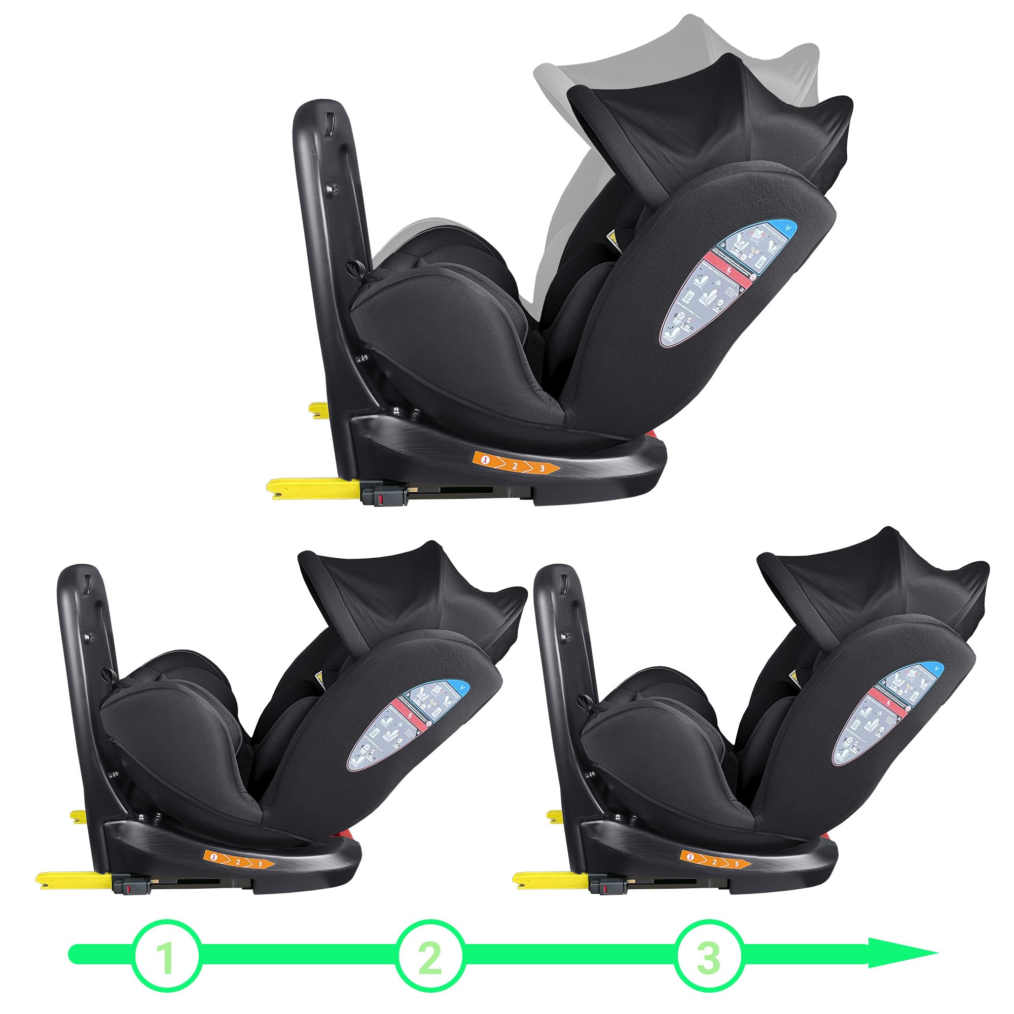 XOMAX XZ-16 Kindersitz drehbar 360° mit ISOFIX Liegefunktion mitwachsend 0-36 kg, 0-12 Jahre, Gruppe 0/1/2/3 I 5-Punkt-Gurt und 3-Punkt-Gurt Bezug abnehmbar, waschbarI ECE i-Size 129R (Schwarz)