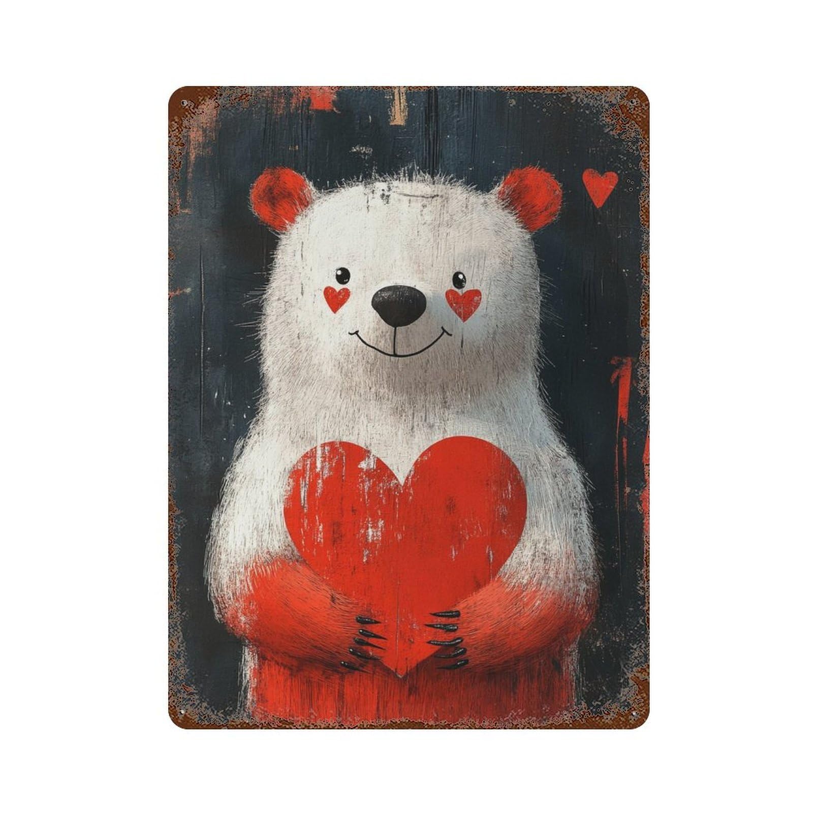 Garage Style Love Heart Polar Bear Art Print Rusty Metal Tin Sign 15.7"x11.8", Farmhouse Wall Decor for Bar And Workshop