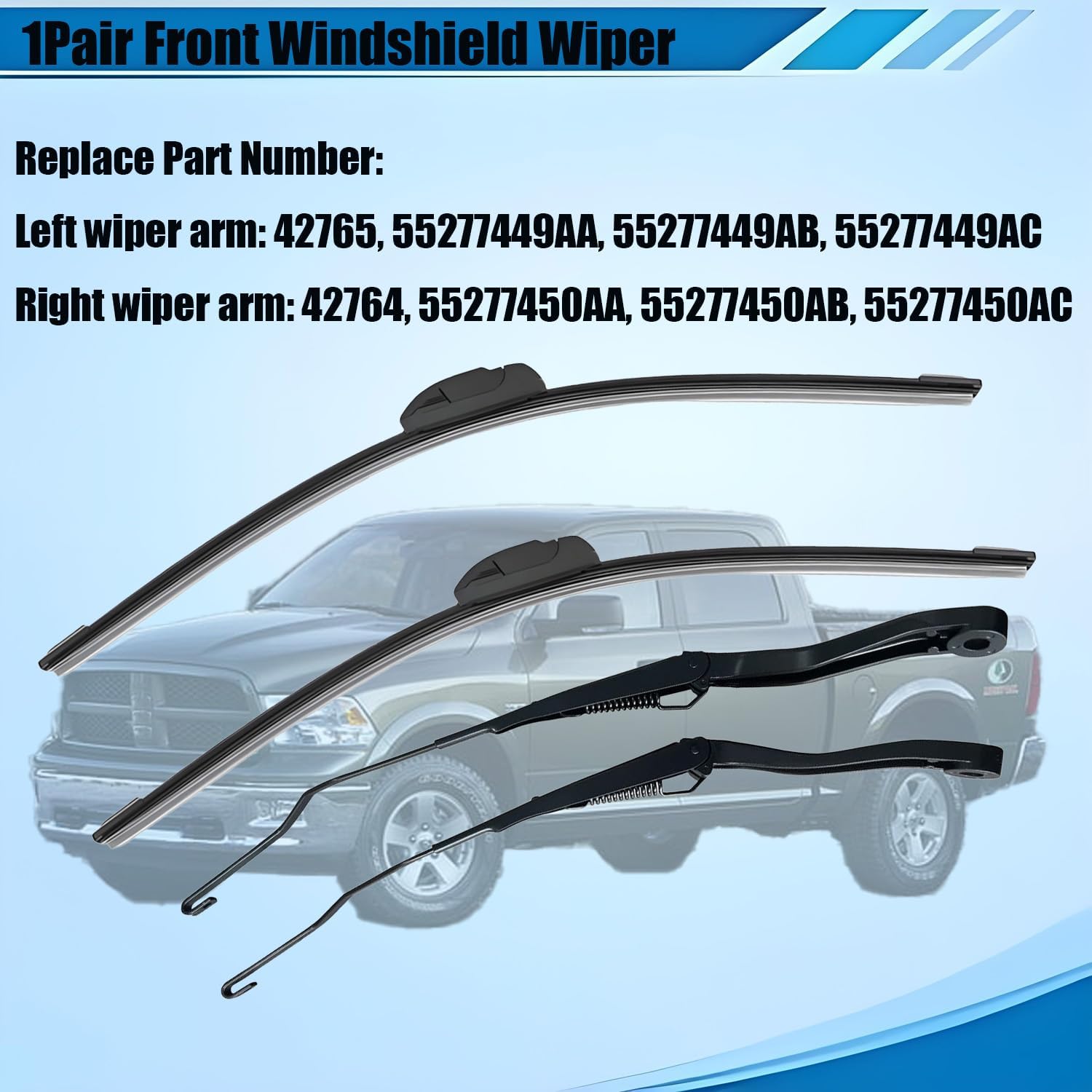42764 42765 1Pair Front Windshield Wiper Arm & Blade Fit for Dodge Ram 1500 2500 3500 4500 5500 2009-2015 Replace 55277449AA 55277449AB 55277449AC 55277449AD 55277450AA 55277450AB 55277450AC