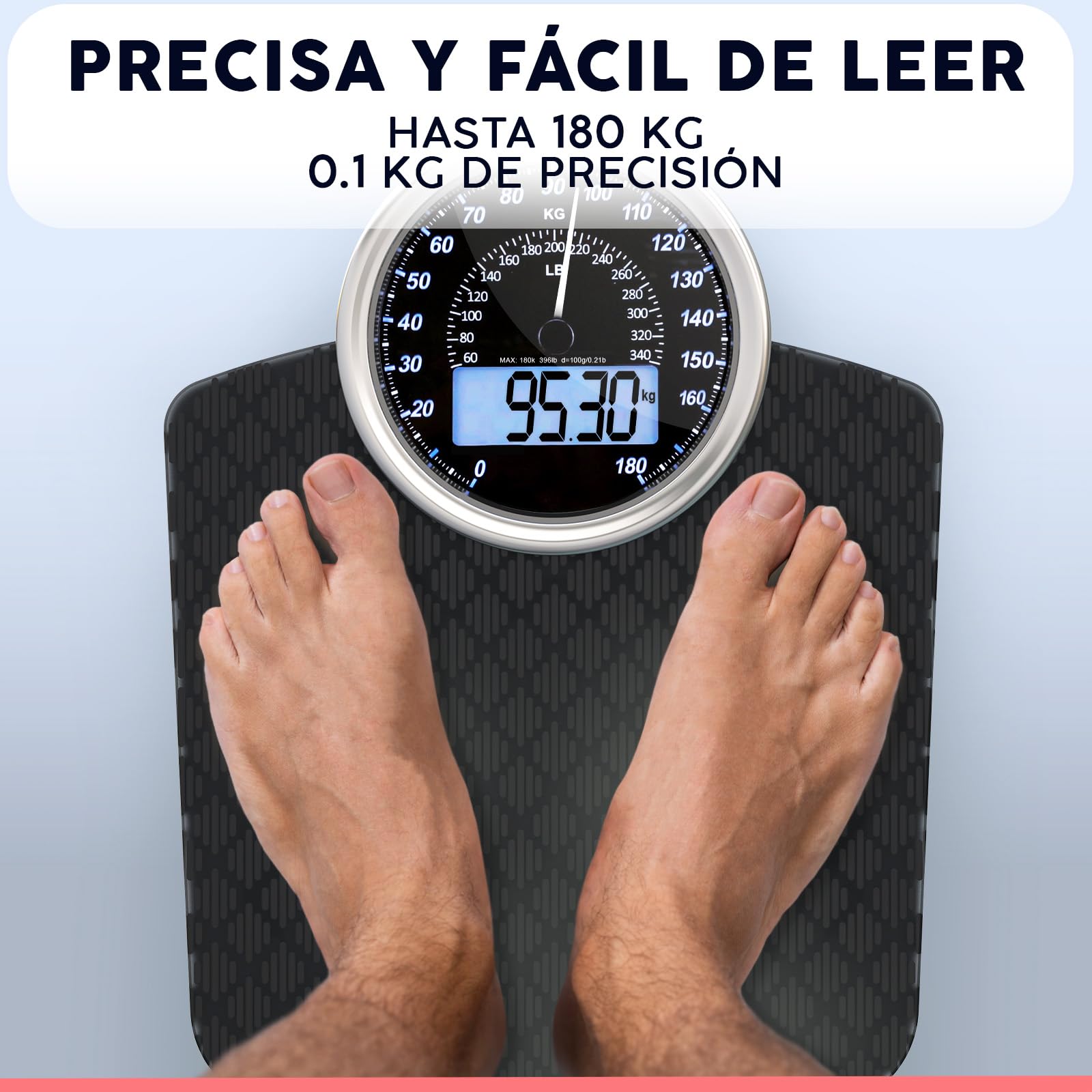 Hybrid Báscula de Baño - Analógica & Digital, Precisa hasta 180 kg | Vea su peso en el cuadrante analógico y LCD a la vez. Plataforma ancha, 3 pilas AAA incluidas, lista para usar.
