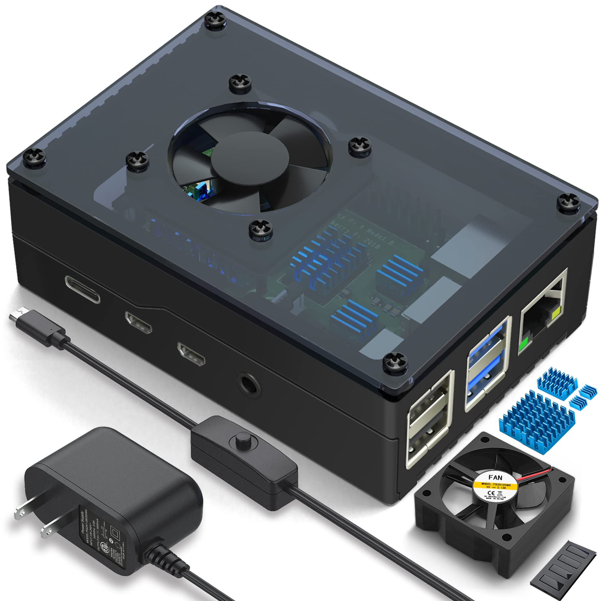 Miuzei Case for Pi 4, Pi 4b Case with Fan 35mm, 5V 3A USB-C On/Off Switch Power Supply, 4 Pcs Heatsinks