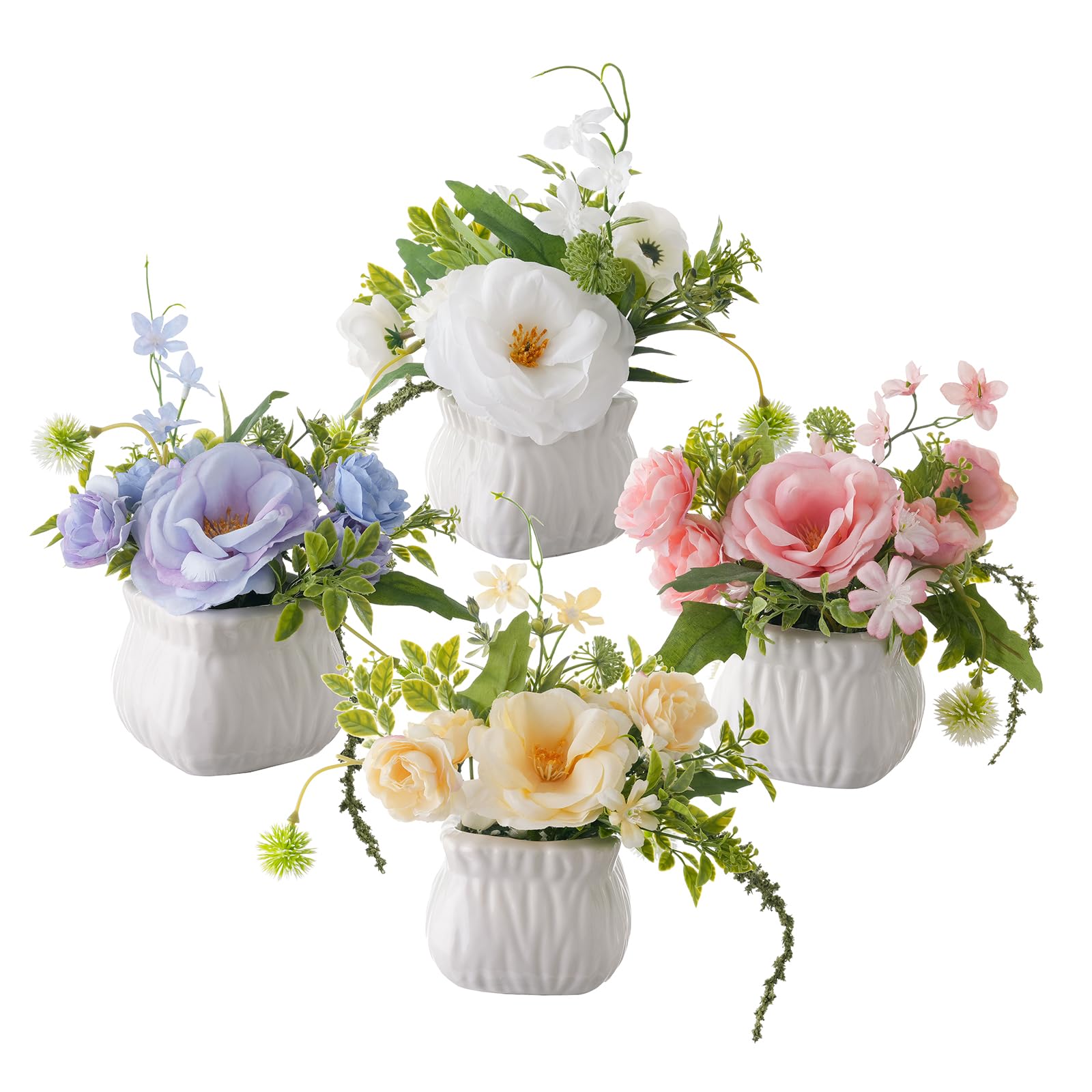 4Pcs Artificial Flowers with Ceramic Pots, Faux Silk Bouquets Home Decor