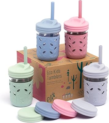 Elk and Friends Kids + Toddler Glass Cups | The Original 8oz Glass Mason Jar with Sleeves + Lids | Silicone Straws + Stopper | Smoothie Cup | Food Storage | Spill Resistant | Dishwasher Safe | 4 Pack