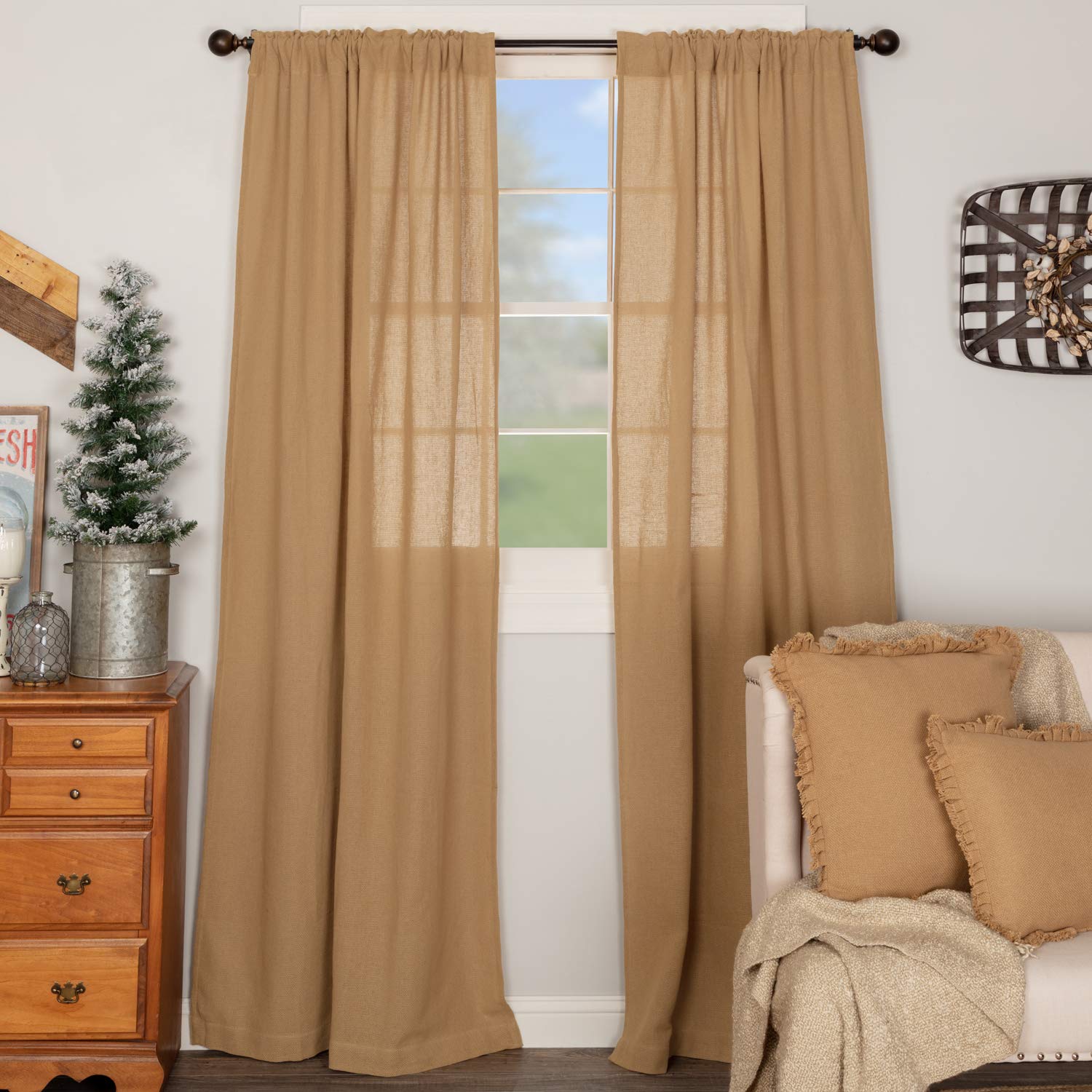 VHC Brands Farmhouse 84"x40" Panel Pair Tan Rod Pocket Burlap Window Curtains