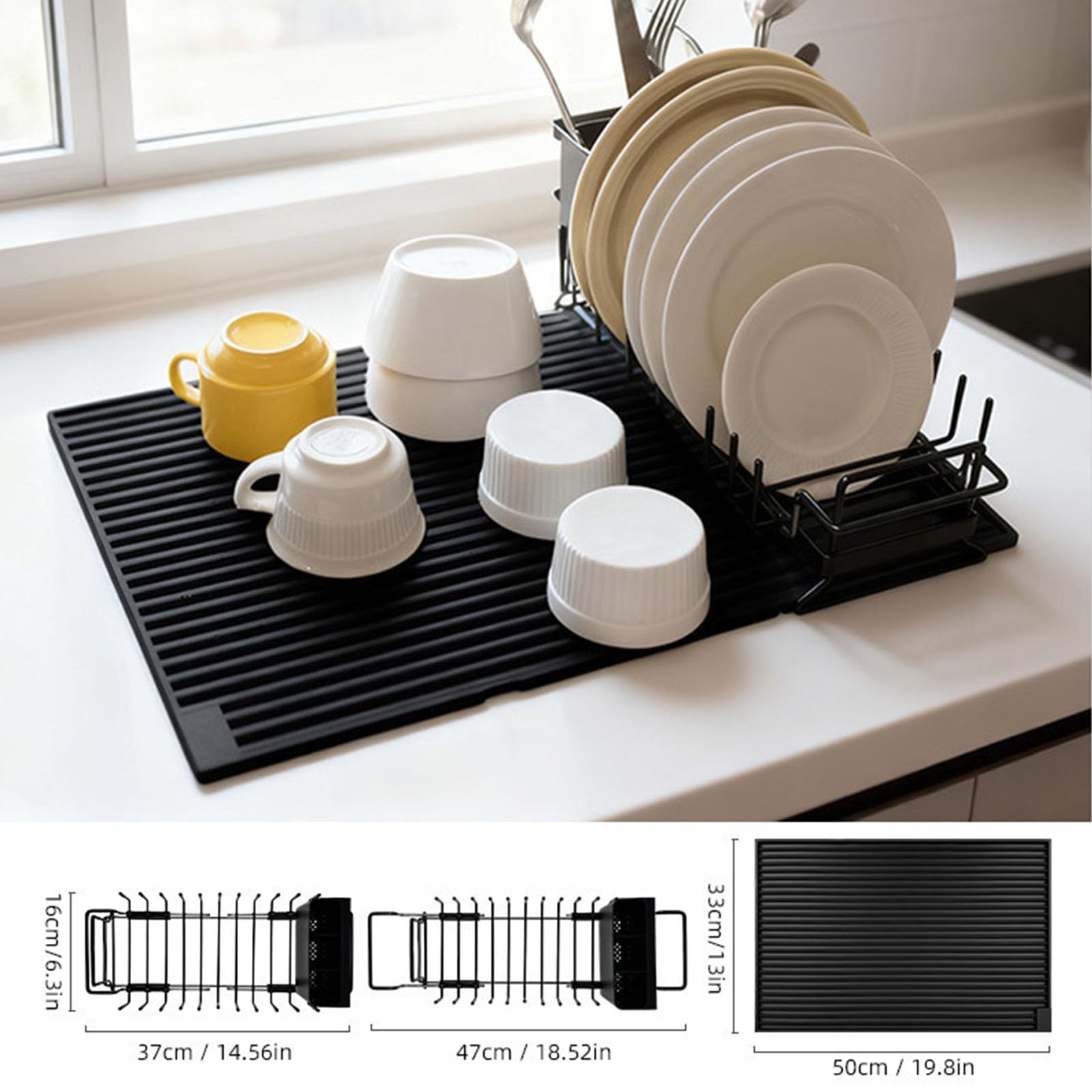 Tappetino scolapiatti pieghevole in silicone con griglia in metallo espandibile e portaposate, per cucine domestiche e piccoli appartamenti, lavabile in lavastoviglie