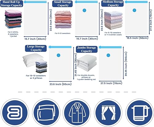 Miniatura 5 de Bolsas de almacenamiento al vacío, 8 bolsas selladas al vacío para ropa, bolsa de compresión, almacenamiento de mantas, artículos esenciales de viaje