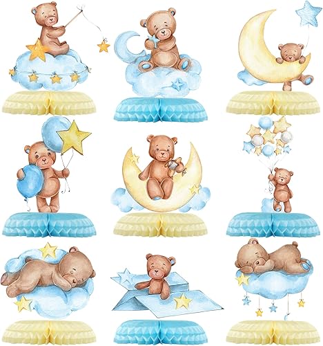 Miniatura 8 de Tarklanda 9 piezas de centro de mesa de oso para baby shower, panal, decoración de fiesta, globos de oso rosa, decoración de mesa 3D de panal para