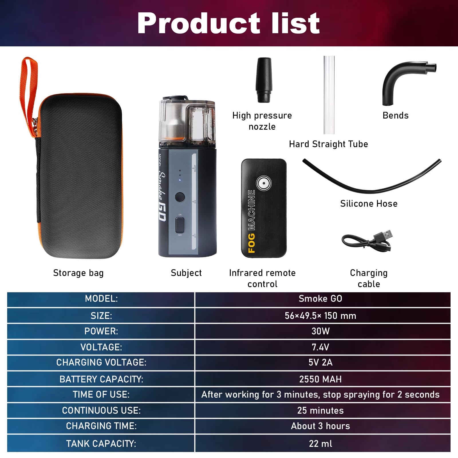 Mini macchina per nebulizzare con telecomando senza fili, 30W, portatile, con batteria, portata di 10m, ricaricabile, macchina per fumo per fotografia, matrimoni, feste e Halloween
