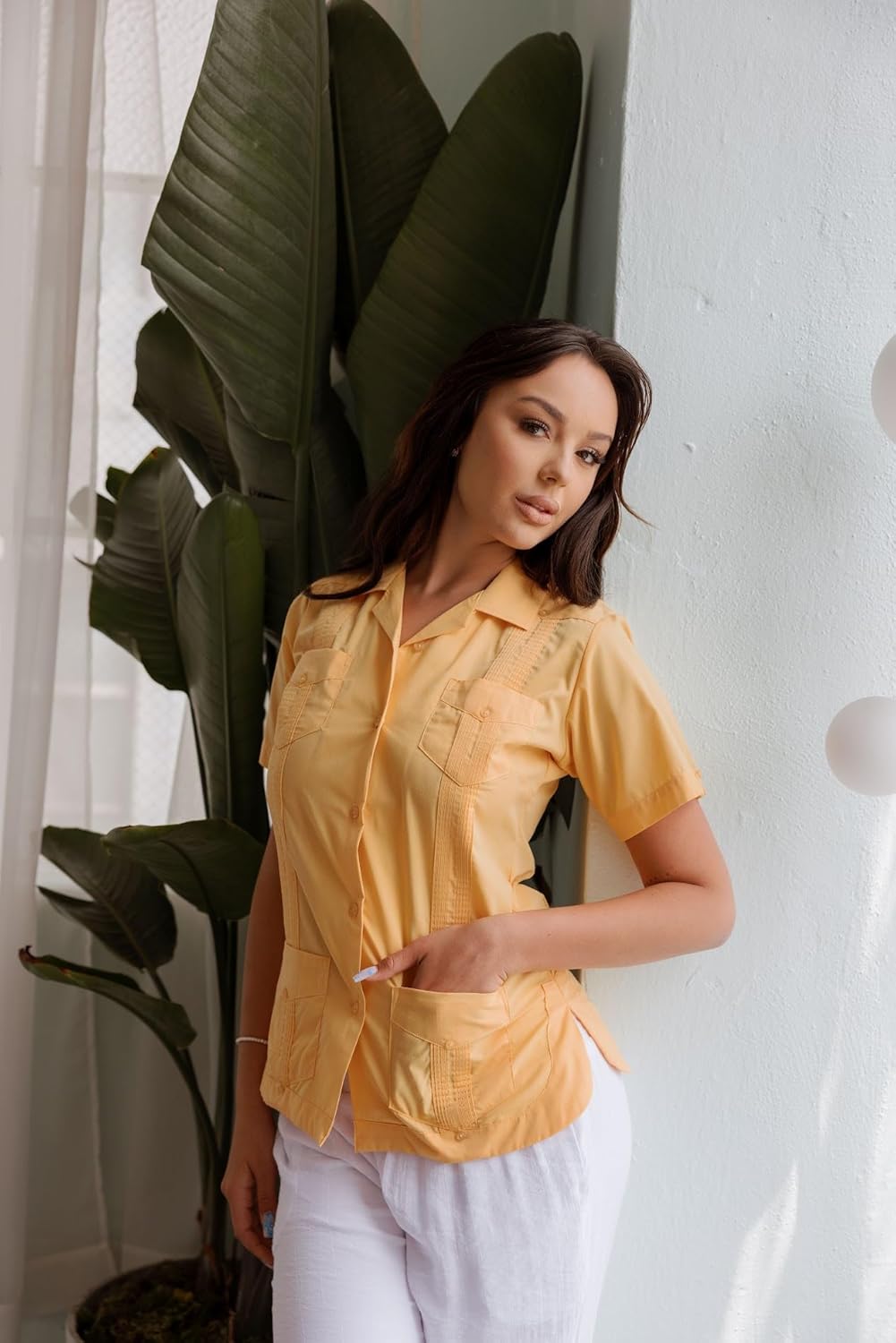 Mojito Collection Women's Cotton Blend Classic Short Sleeve 4-Pocket Guayabera - Image 7