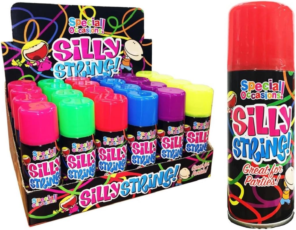 Silly String Spray 24 X 200ml Mixed Colours Celebrate Decorate Bugsy Party Wedding Festival Fun Crazy Special Occasions