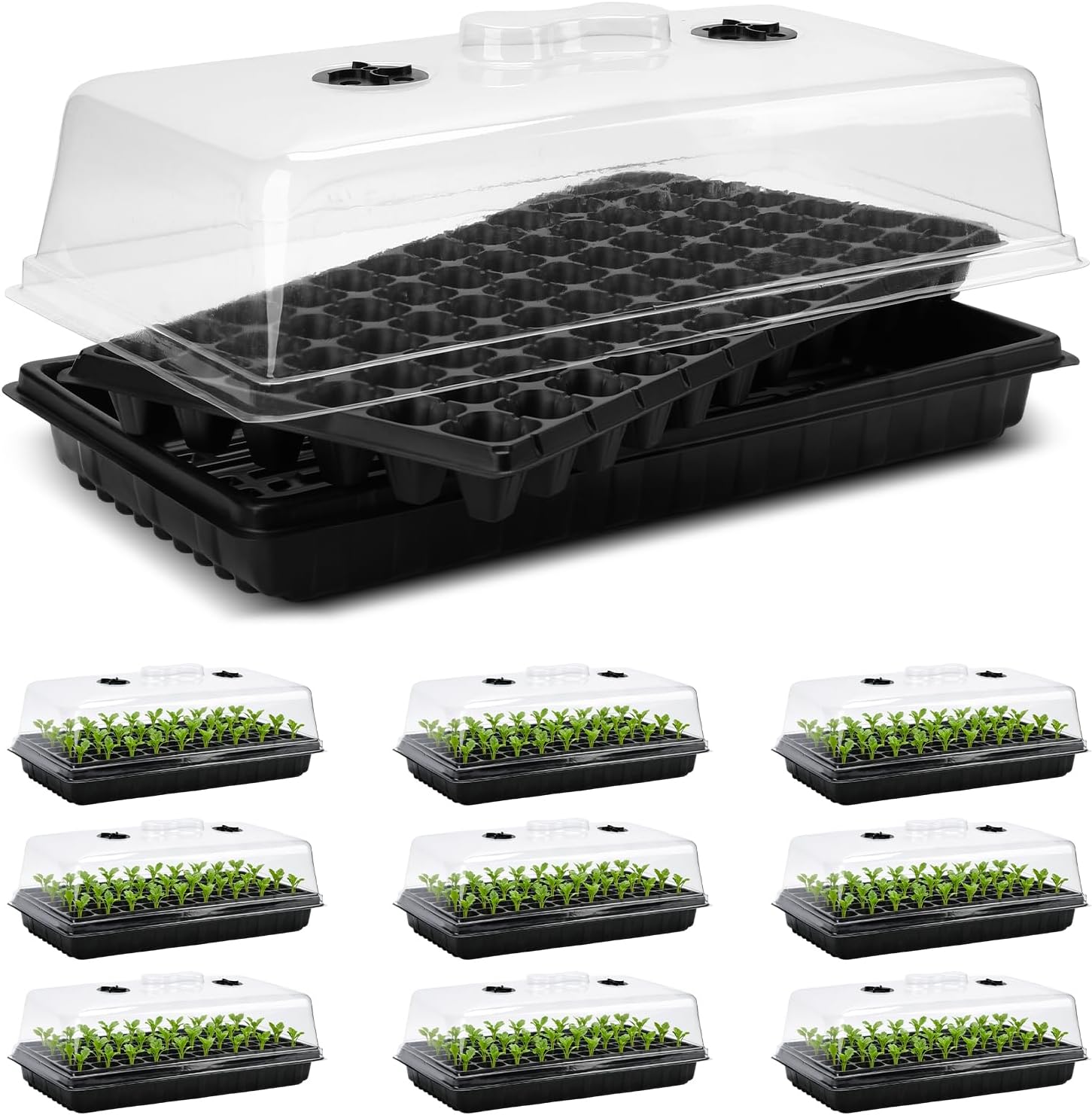 72 Cell Seed Starter Tray with Dome, 1020 Trays (No Holes) & 72-Cell Deep Plug Trays, Thick Plastic Nursery Germination Tray for Seed Starting, Vegetables, Herbs, 10 Pack