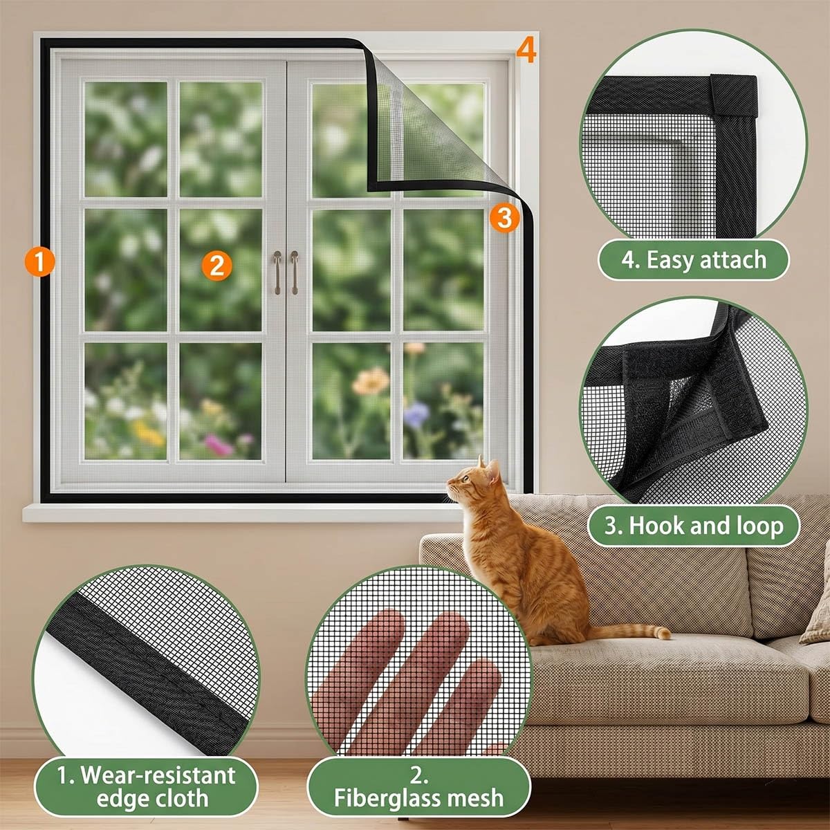 Fliegengitters Fenster Ohne Bohren, Selbstklebend Insektenschutz Netz mit Klettband, Waschbar Mückennetz Fliegenschutz Fiberglas für Schlafzimmer und Wohnzimmer(Weiß,B180 x H230cm)