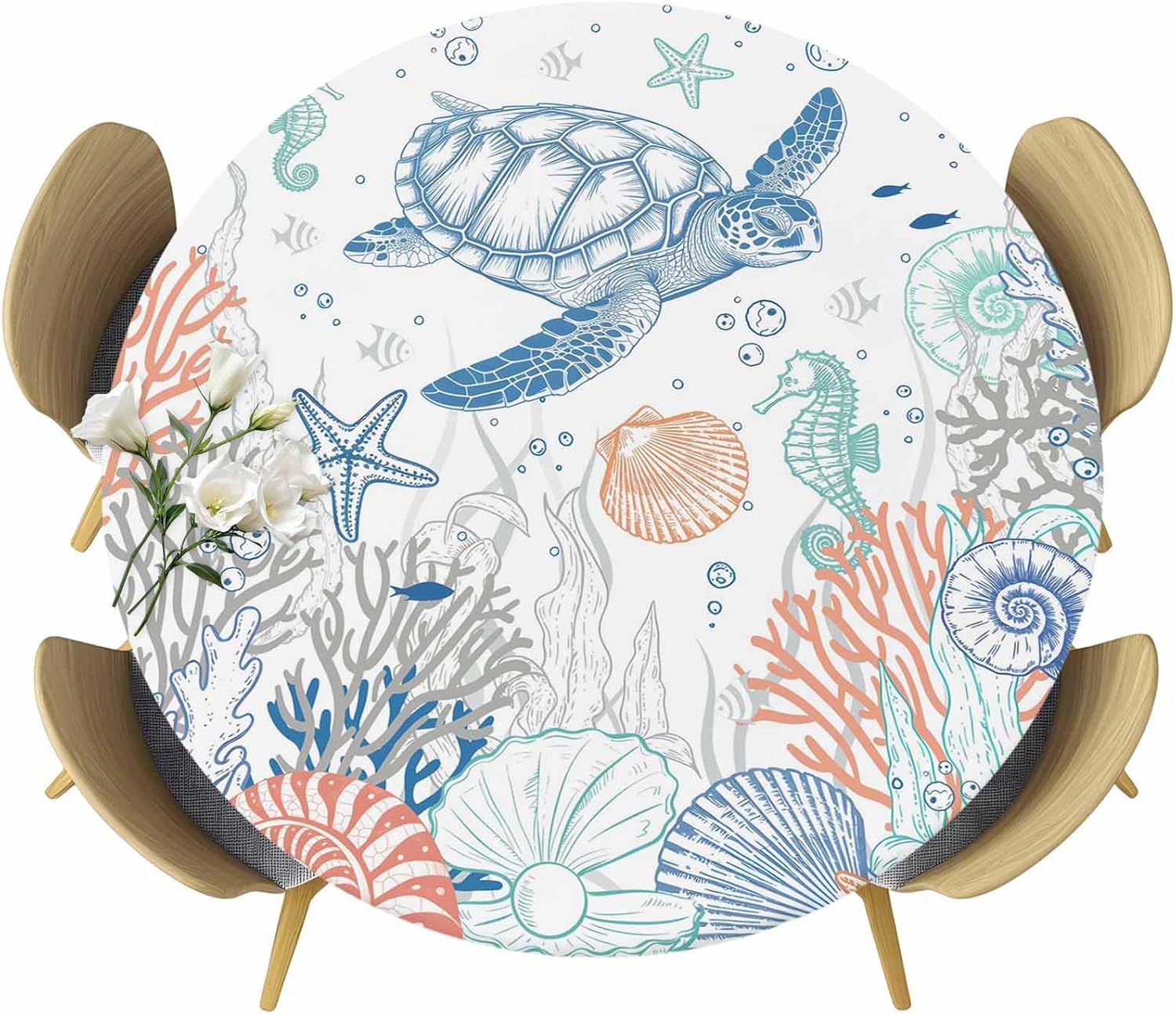 Ocean Sea Turtle Fitted Round Tablecloth,Coastal Shell Coral Waterproof Table Cover with Elastic Edged,Blue Aqua Sealife Table Cloth for Dining Kitchen Party Picnic,Fits Round Tables up to 36"-44"