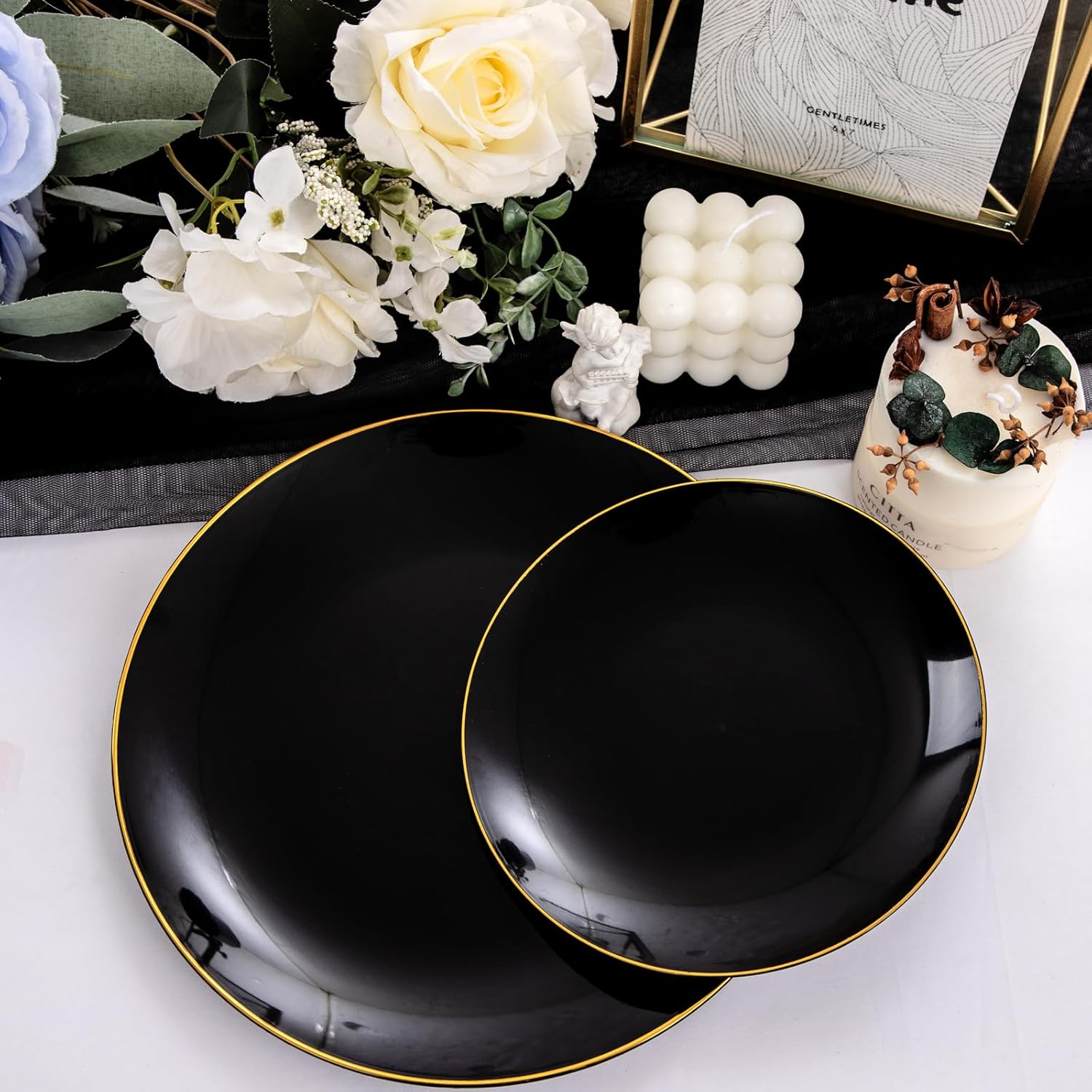 Nervure 150PCS Black Plastic Plates - Black and Gold Disposable Plates - Premium Heavyweight Gold Plastic Dinnerware with Black Silverware Ideal for Wedding & Halloween & New Year