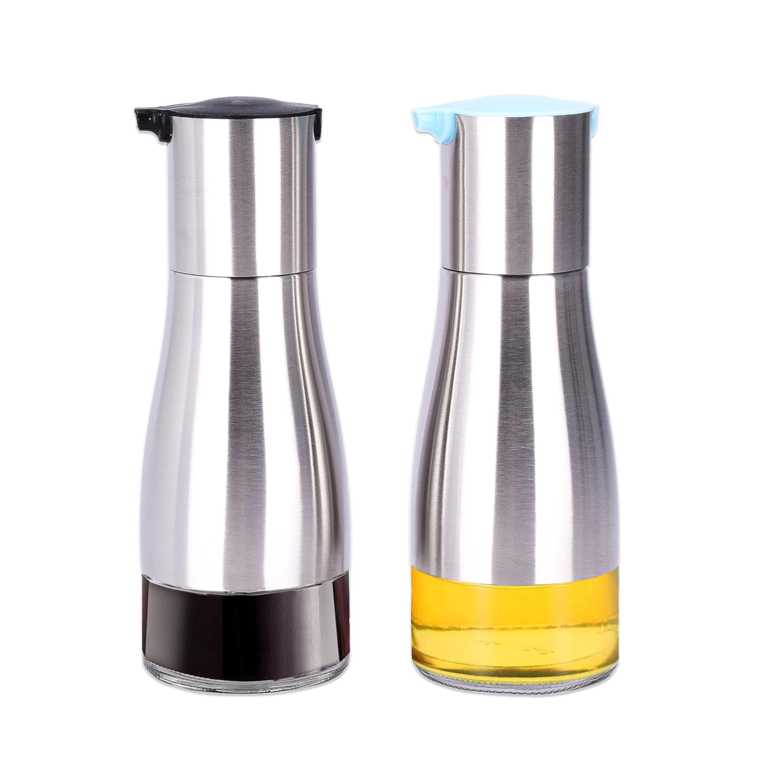 2LB Depot Oil and Vinegar Dispenser Set - Brushed Steel & Glass Containers with Anti-Drip Spout Lid - Easy-Clean - Olive Oil Dispenser Bottle - Minimalist Kitchen Accessory - 7.1"H x 2.7"L x 2.7"W