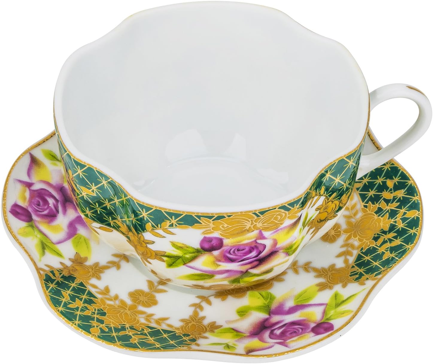 “Emerald Night” 5 Oz. Tea Cup and Saucer Set, Vintage Royal Coffee Cup Set, Ceramic Breakfast Tea Service, 6 Cups + 6 Saucers