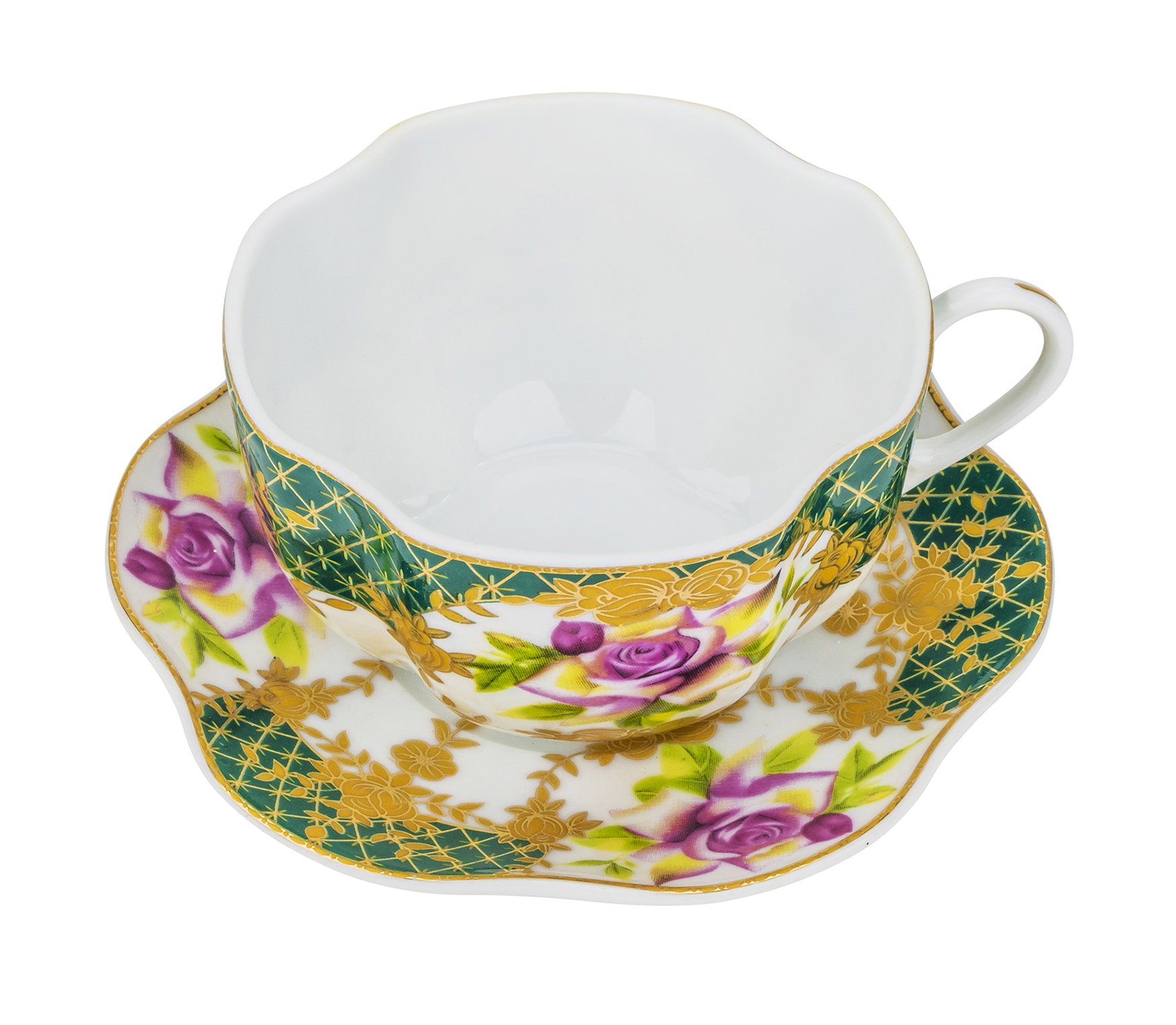 “Emerald Night” 5 Oz. Tea Cup and Saucer Set, Vintage Royal Coffee Cup Set, Ceramic Breakfast Tea Service, 6 Cups + 6 Saucers