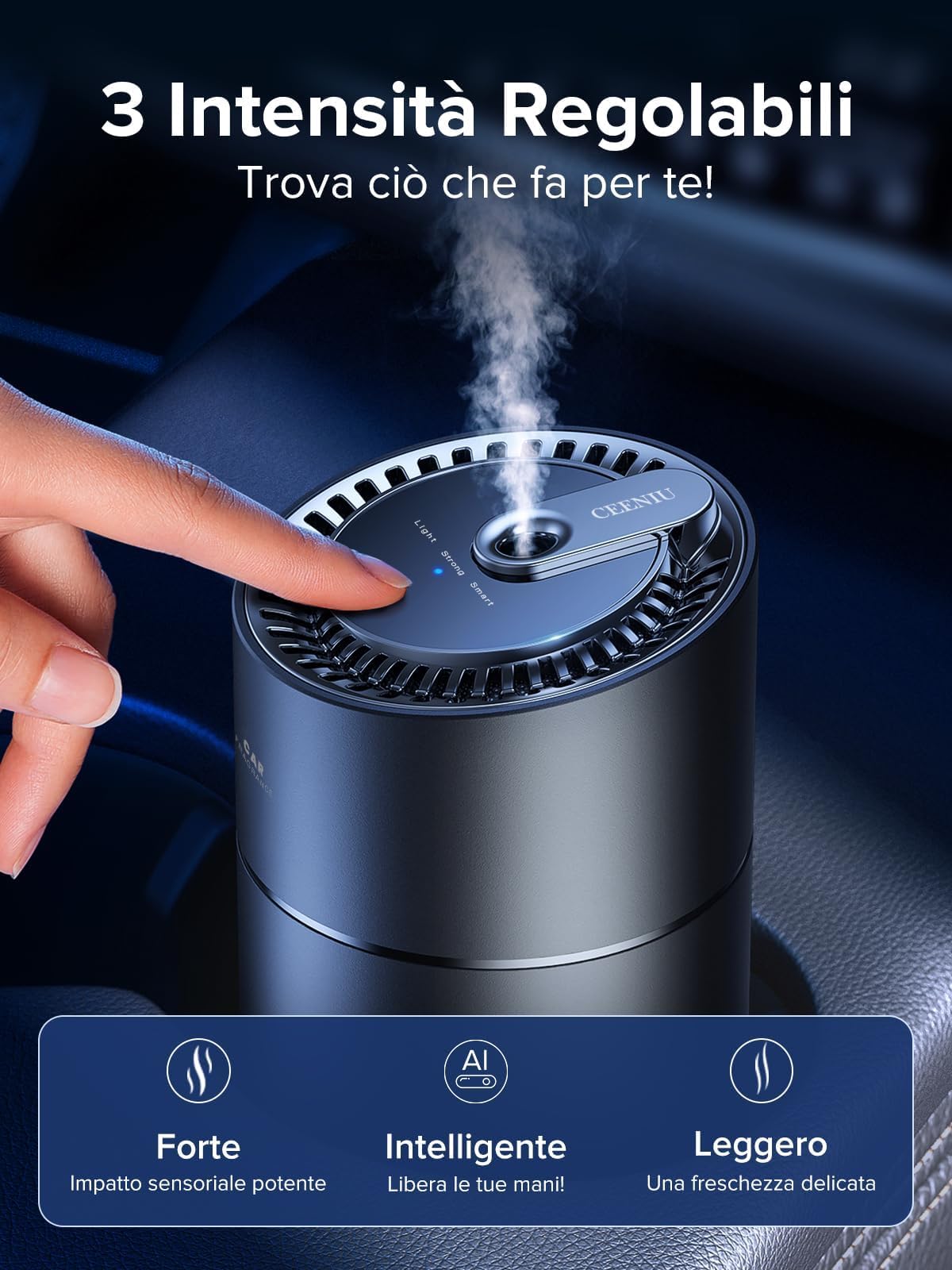 Profumatore Auto Ceeniu, Atomizzatore ad Ultrasuoni, Concentrazione Regolabile con 3 Modalità, Auto On/Off, Batteria Integrata, Profumo da 45 ml, Durata 4 Mesi, Deodorante Auto F26, Muschio Bianco
