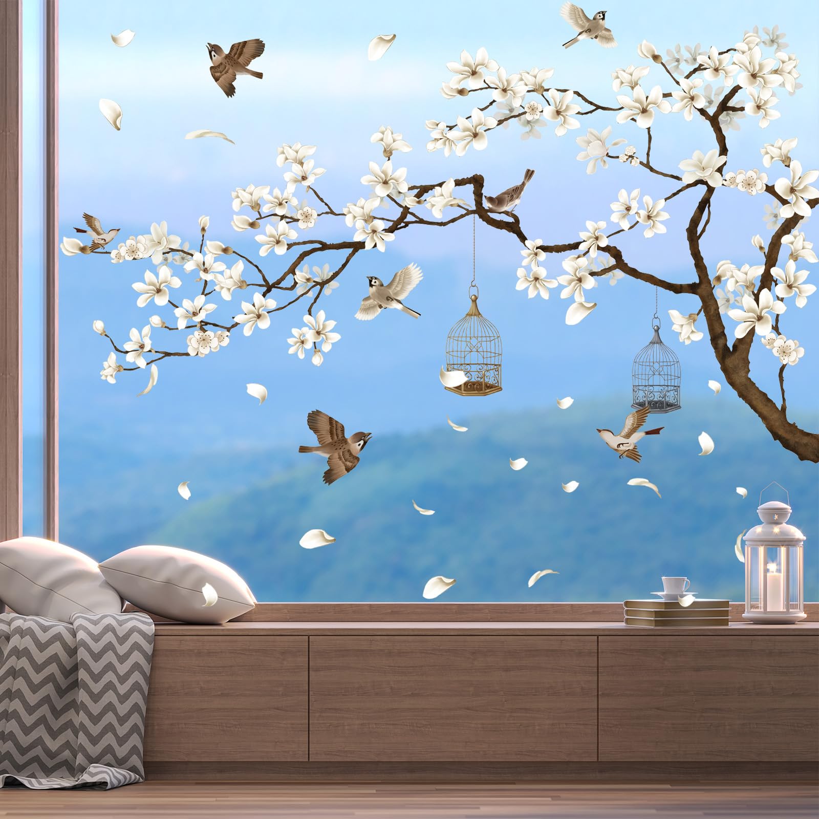 Décoration de fenêtre sans colle cerisier et magnolia pour éviter les traces de sticker