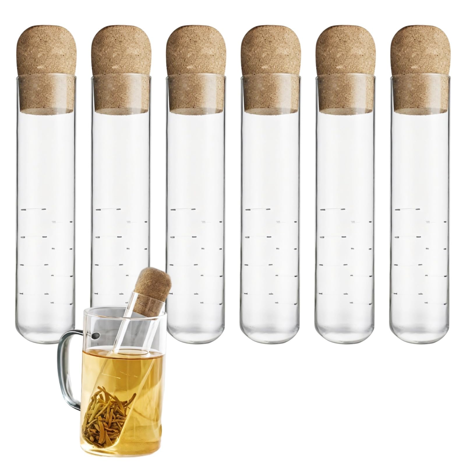 Filtro de té de cristal para té suelto, mini colador para una taza, vidrio de borosilicato sin plomo con tapa de corcho, juego de 6 unidades para el hogar y la oficina, adecuado para té, café y frutas