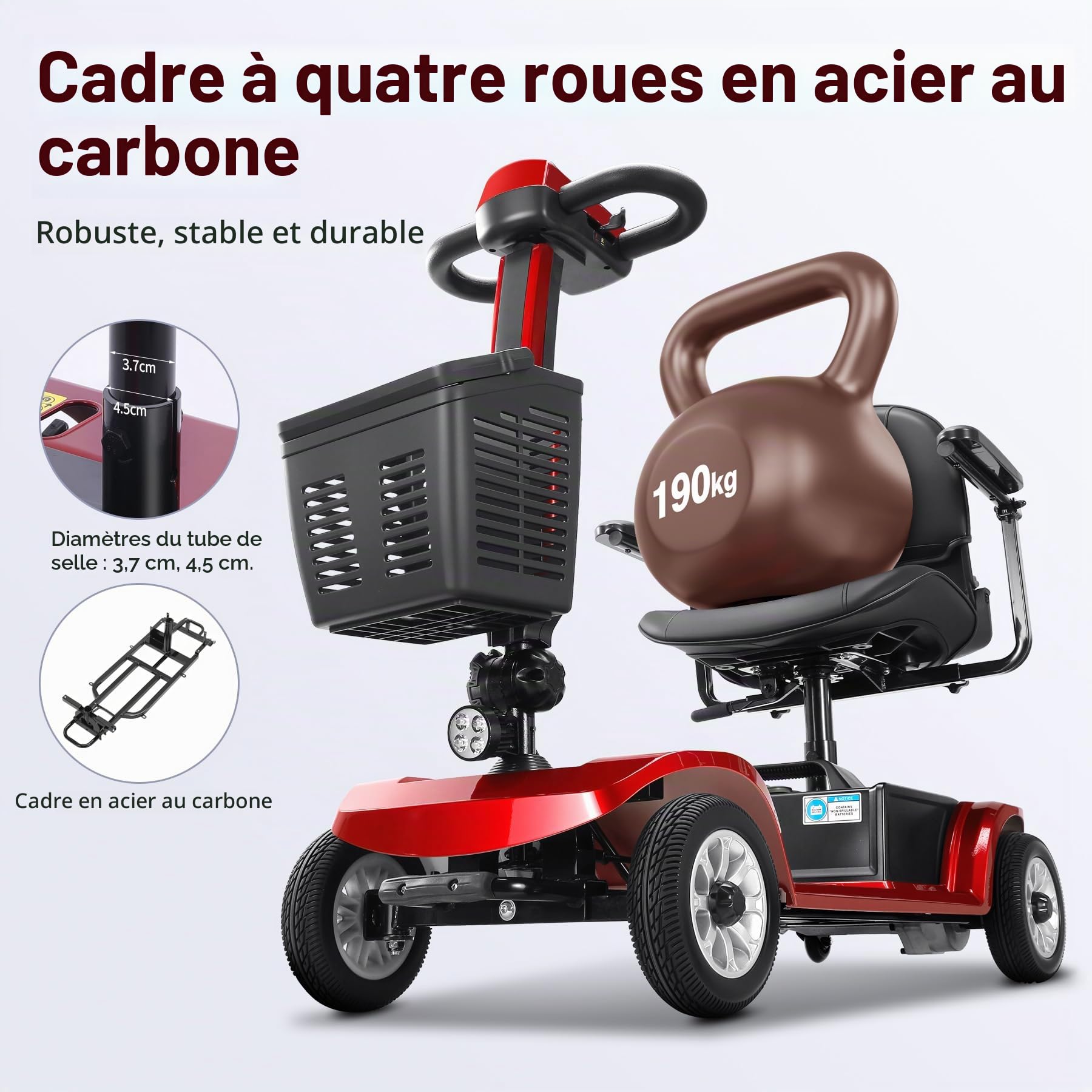 Scooter électrique pour seniors 22 km Scooter pliable à 4 roues avec panier Batterie légère Capacité de charge jusqu'à 190 kg Scooter électrique