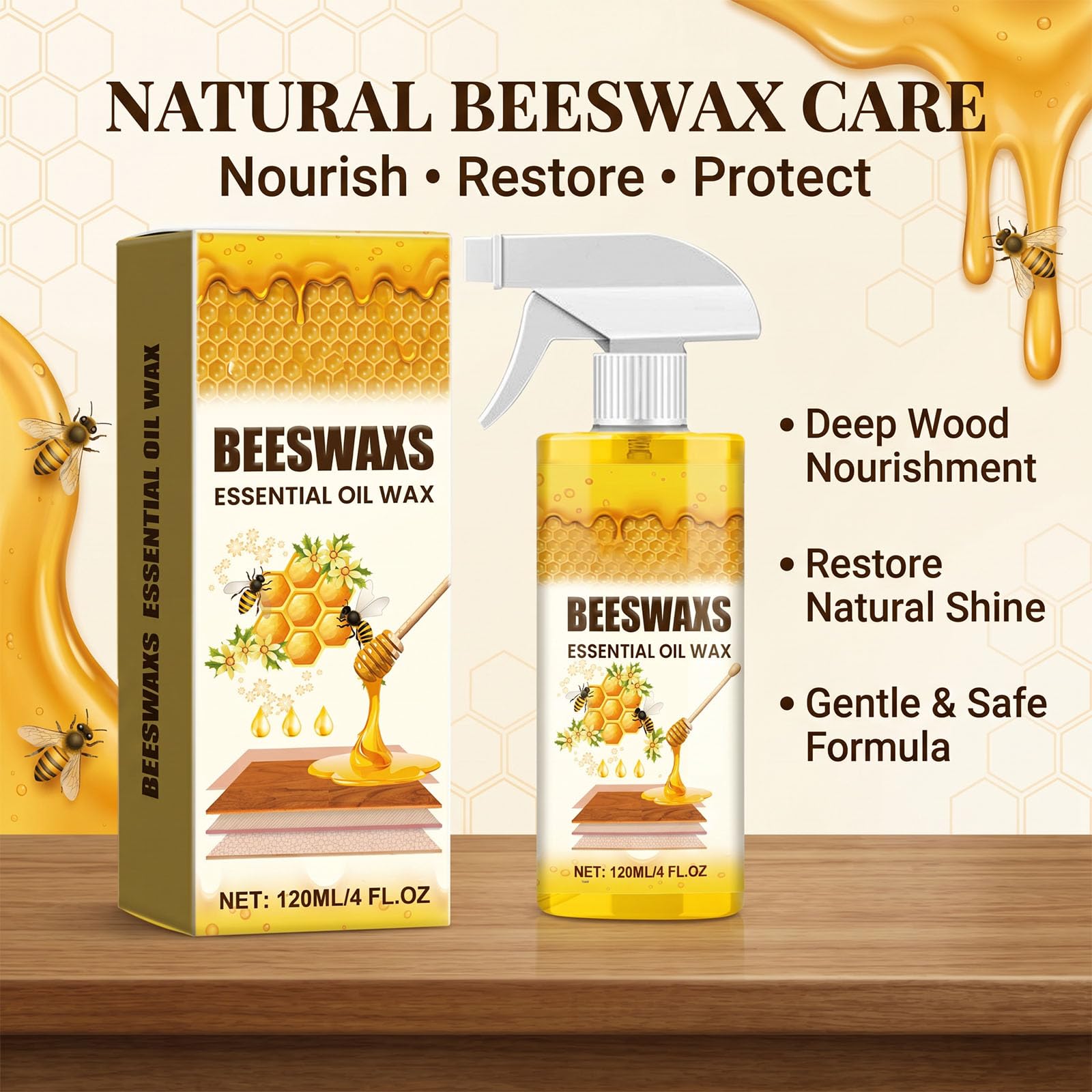 Natural Micro-Molecularized Beeswax Spray, Beeswaxs Essential Oil Wax, Multi-Purpose Furniture Beeswax Wood Polish, Wood Cleaner Repairing and Care Spray, Restores Shine & Removes Scratches (1) - 2