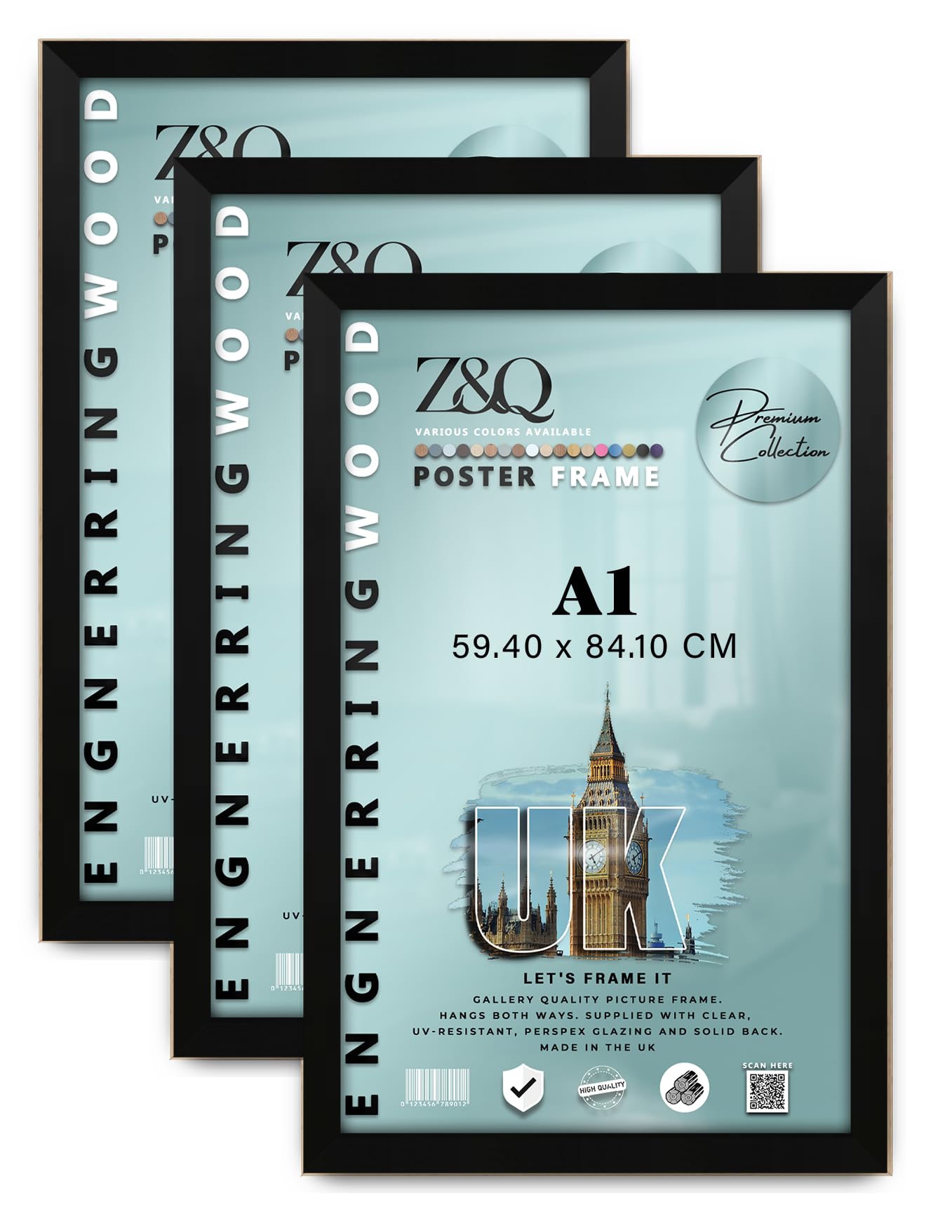 Z&Q Pack of 3 Elegant Eton Wood Finish A1 (59.40 x 84.10 CM) Poster Frame | for Wall Décor 33 x 23 Inch Perfect for Art Display & Family Photo Gallery [ Matt Black ]