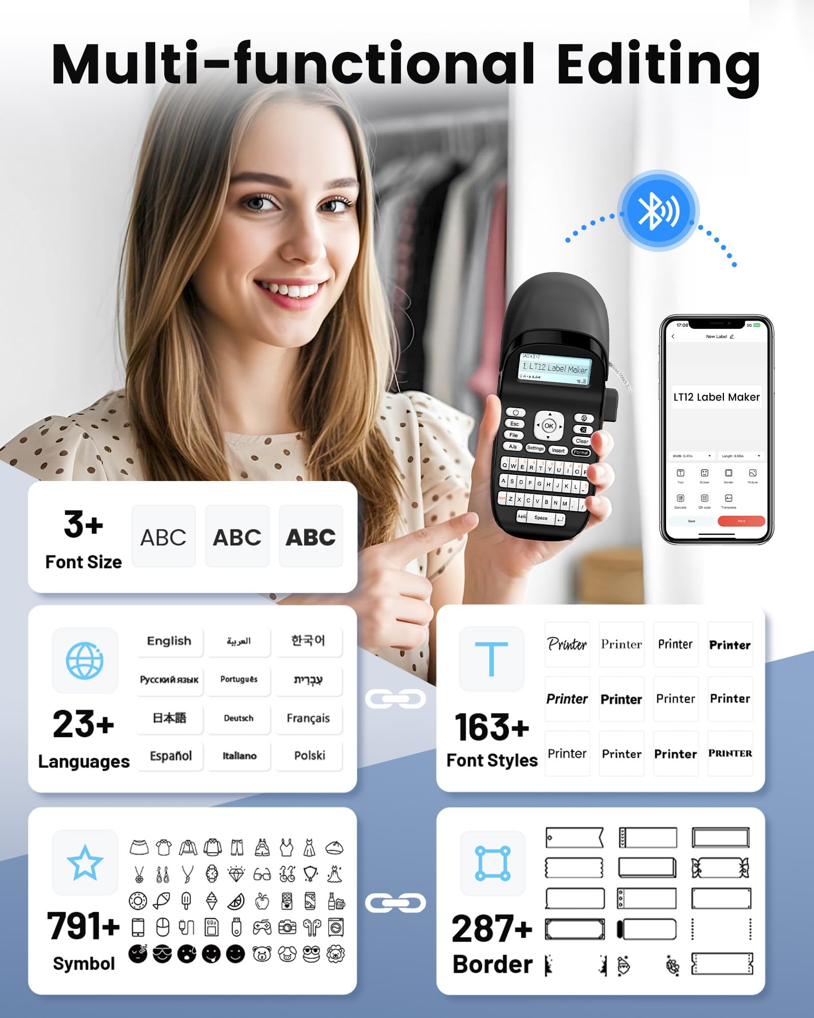Phomemo LT12 Etichettatrice, Bluetooth Stampante per Etichettatrice Etichette Adesive, Etichettatrici portatile con tastiera QWERTZ Per Casa, L'ufficio,Stampa su Etichette Serie da 3.5 a 12 mm
