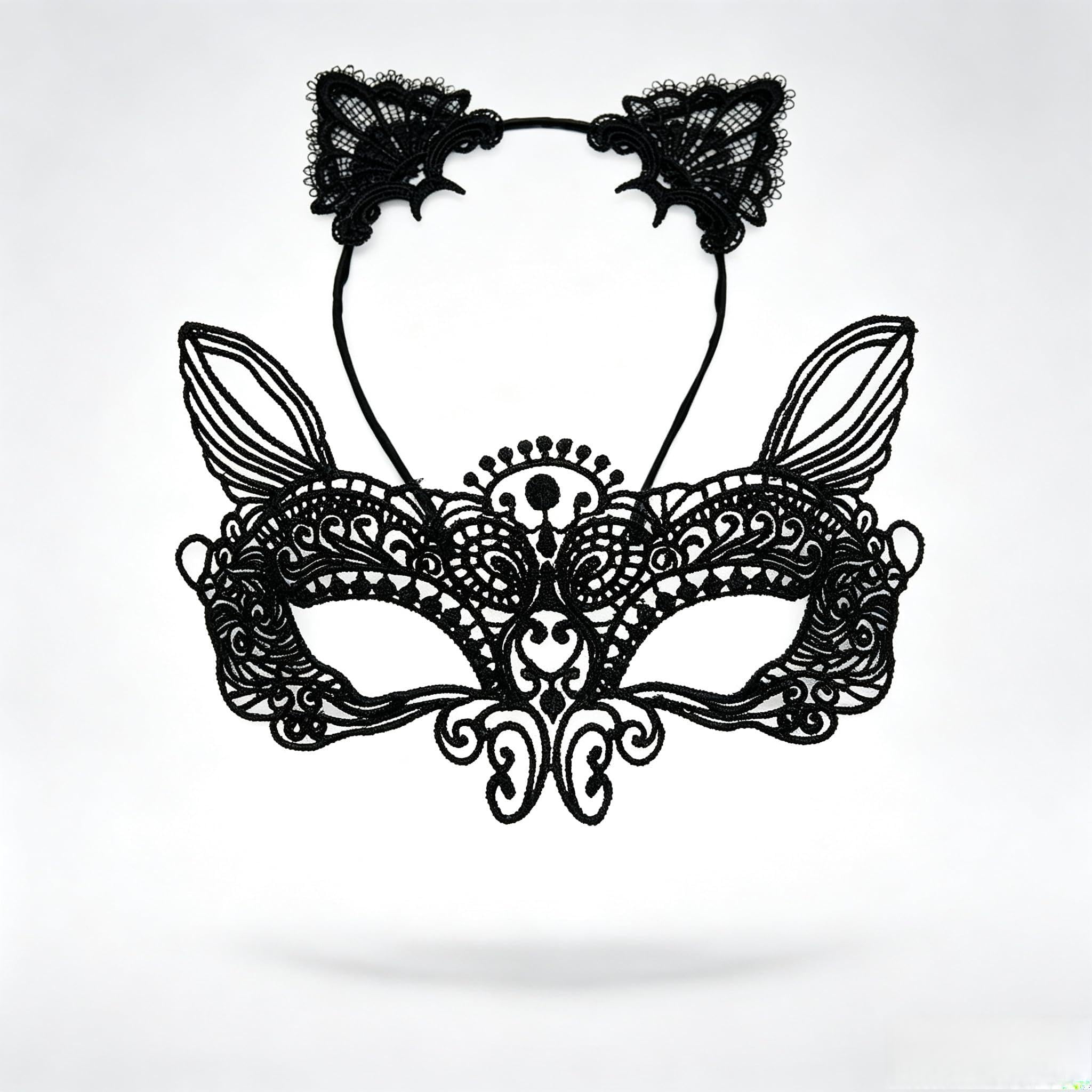 MZinge Cat Mask and Cat Ears Headband for Women Sexy Lace Masquerade Masks Costume Halloween Christmas Catwoman Accessories Make Up Party Favors