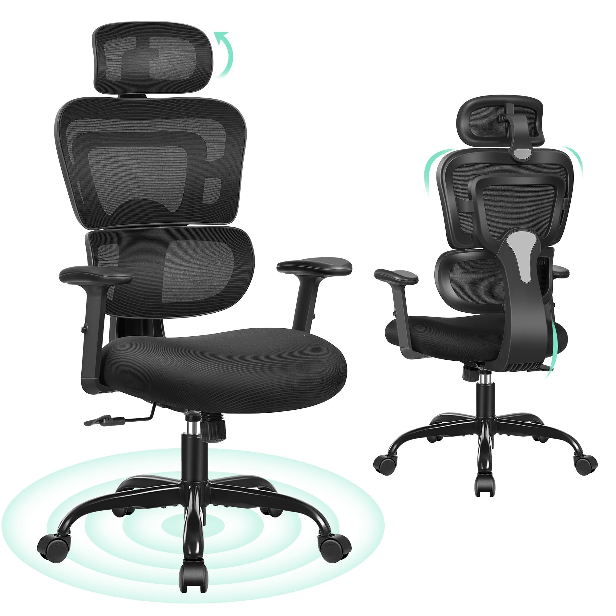 Sedia da ufficio, ergonomica, multifunzionale, in rete, per scrivania, 3D, poggiatesta e braccioli, regolabile in altezza, supporto dinamico, 150 kg, colore: nero