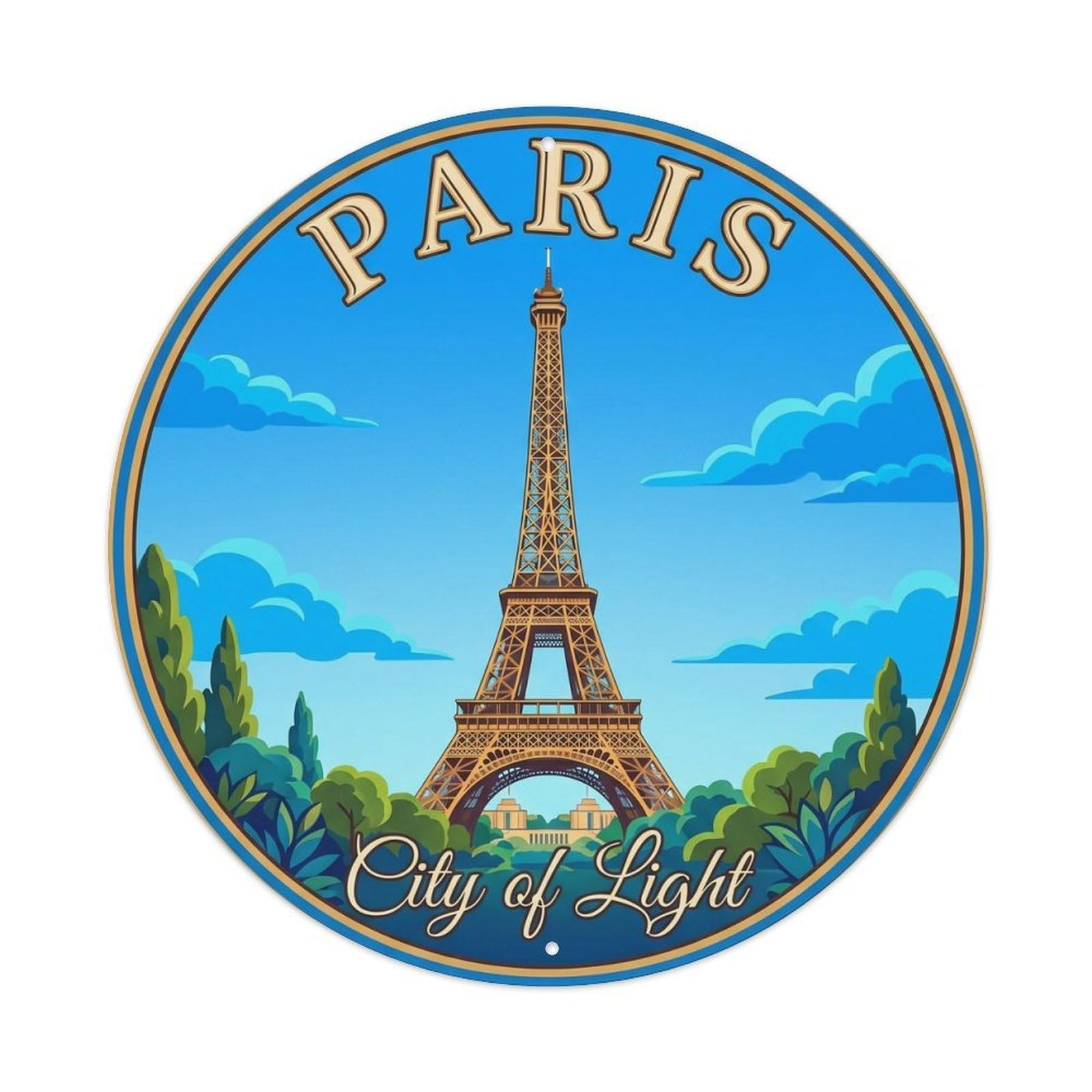 Vintage Travel Eiffel Tower Paris Metal Tin Sign Plaque Wall Decor for Cafe, Club, Garden Round Metal Poster 8x8Inch
