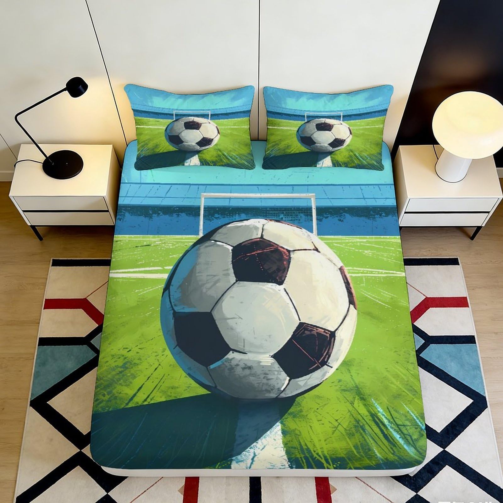 3D Printed Football Stadium Fitted Sheet Microfiber Anti-slip Soccer Goal Bed Cover for Bedroom Guest Room Decor 160x200x25cm