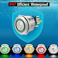 Vista 6 de 2 interruptores de botón de cierre de 0.866 in, 7/8 pulgadas, 110 V-120 V, SPDT, interruptor de encendido y apagado, impermeable, IP67, acero Azul