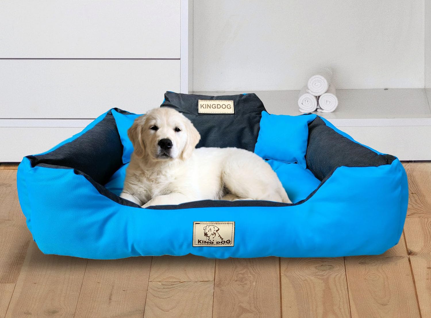 KING DOG Cama para perros 130 x 105 cm personalizada impermeable azul con cojín