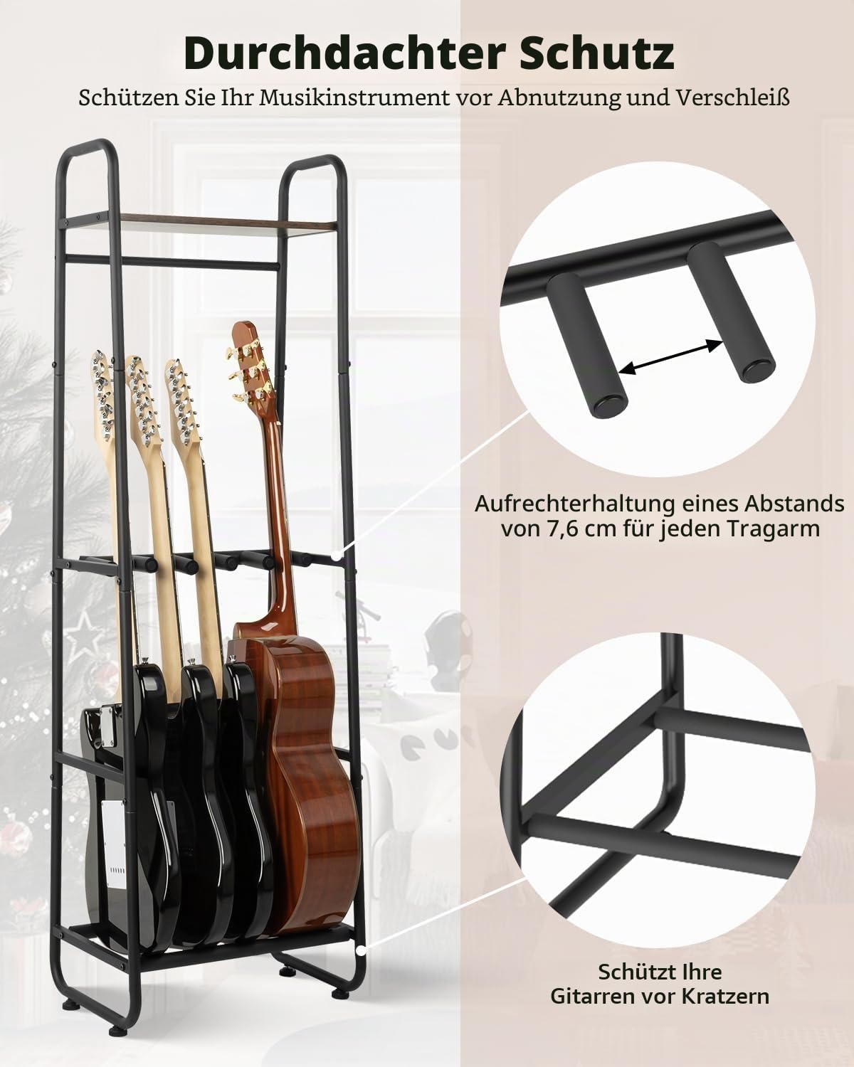 STRICH Gitarrenständer, mehrere Gitarrenständer für Akustik-, E-Gitarre, Bass, Gitarren-Display-Halter mit oberem Aufbewahrungsregal für Gitarrenverstärker-Zubehör, für Heimmusik-Studio-Bandbühne (SMT
