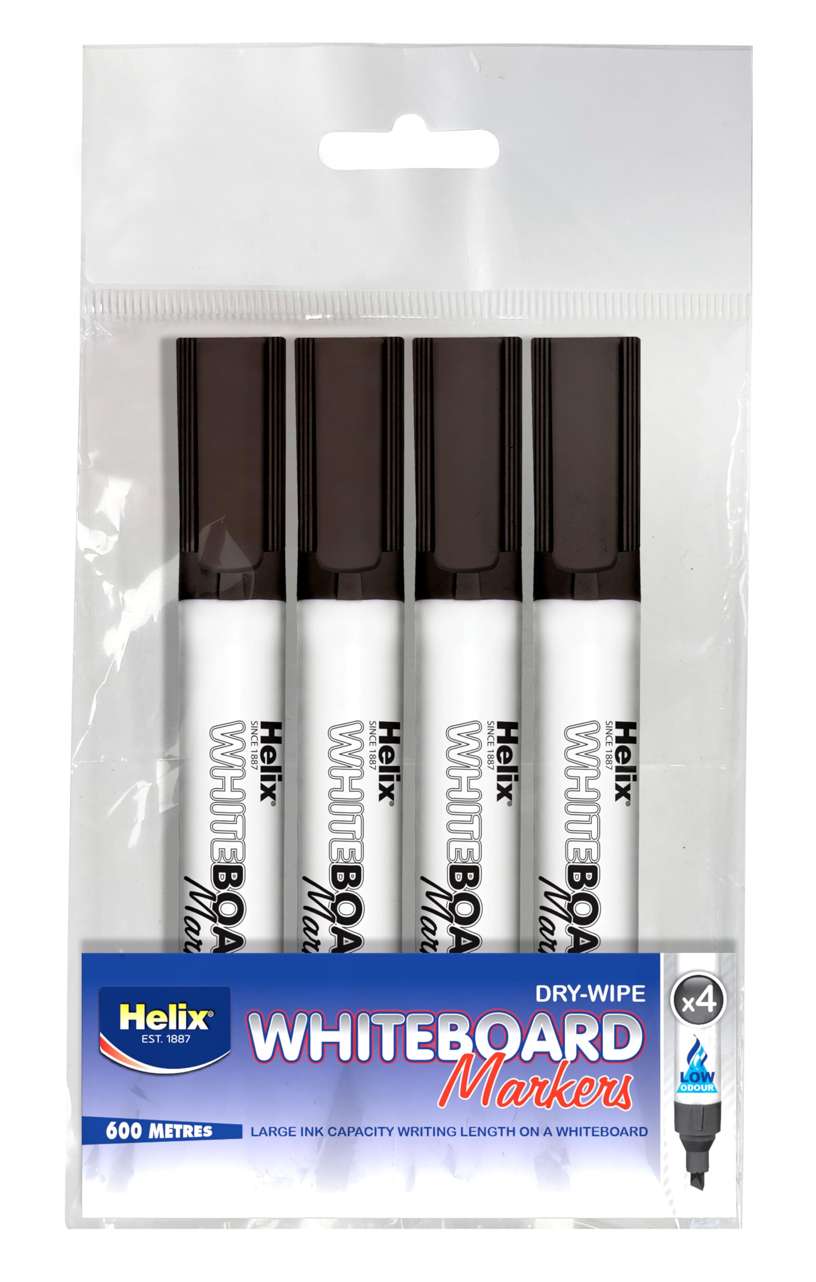 Helix Whiteboard Markers, Pack of 4, Black, 600 Metres Writing Length, Dry-Wipe, Large Ink Capacity